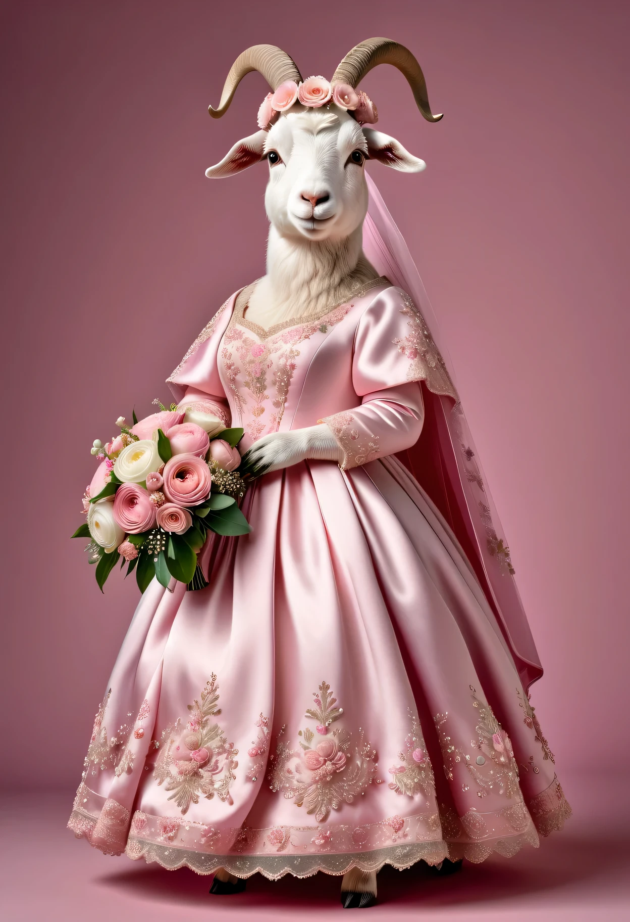 photorealistic portrait of Dressed animals - a ((fat)) cute goat,(elegant pose:1.2 ),(flurry :1.2), high quality,(lovely) ,intricate details, highly detailed (( pink wedding dress)), wearing opera globes ,wearing highly detailed veil and head wreath, highly detailed decorations ,holding flower bouquet, (happy), studio lighting,(full body image:1.5)