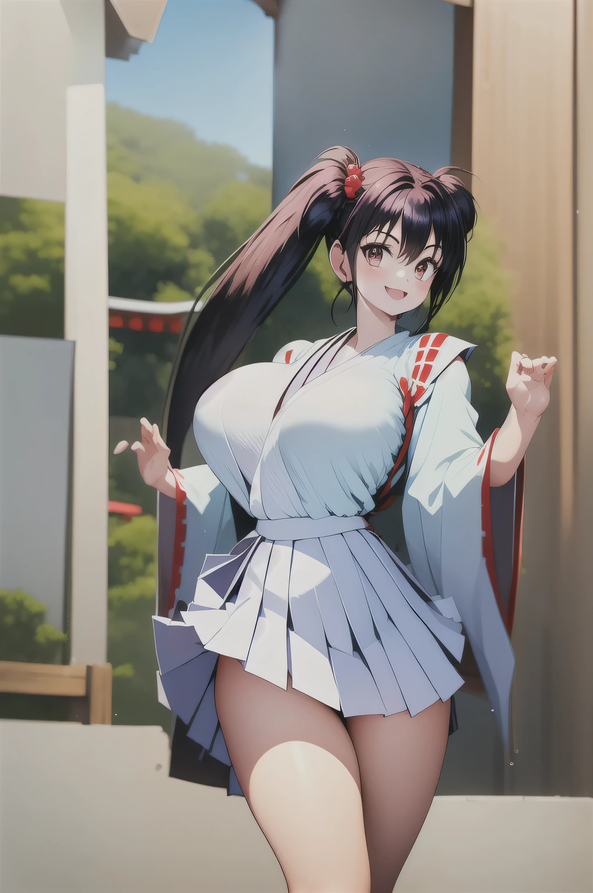 1 girl, japanese shrine, smile, open your mouth, Chiaki, black eye, black hair, long hair, twin tails, hair bobble, huge breasts:1.6, cleavage, cleavage cleavage, (white kimono:1.1), shrine maiden, (white long sleeve:1.1), red obi, (white pleated skirt, Twisted:1.5), socks, white panties, combat readiness, cowboy shot, highest quality, masterpiece, High resolution,