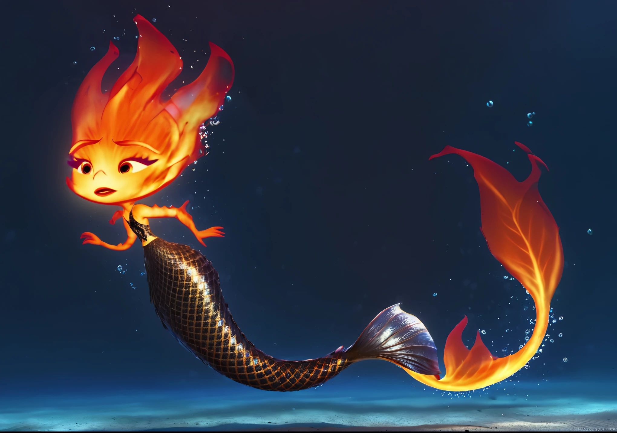 ember lumen concept art, fire mermaid ember lumen, mermaid with grey fish tail, fantastic masterpiece mermaid tail, swimming underwater, deep blue flat background, masterpiece cgi work, best vfx