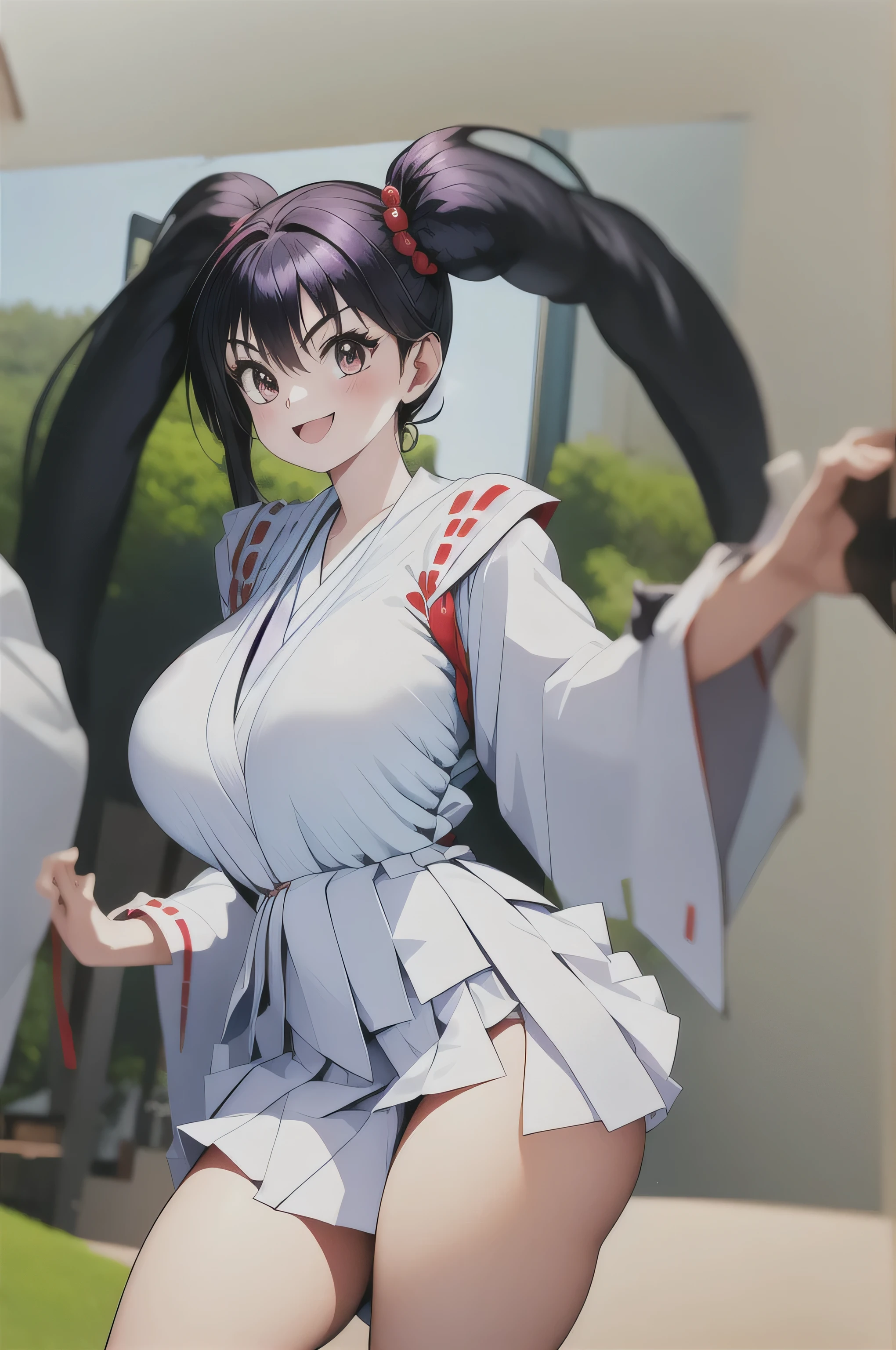 1 girl, japanese shrine, smile, open your mouth, Chiaki, black eye, black hair, long hair, twin tails, hair bobble, huge breasts:1.6,  cleavage, cleavage cleavage, (white kimono:1.1), shrine maiden, (white long sleeve:1.1), pleated skirt, red obi, (white skirt, Twisted:1.7), socks, white panties, combat readiness, cowboy shot, highest quality, masterpiece, High resolution,