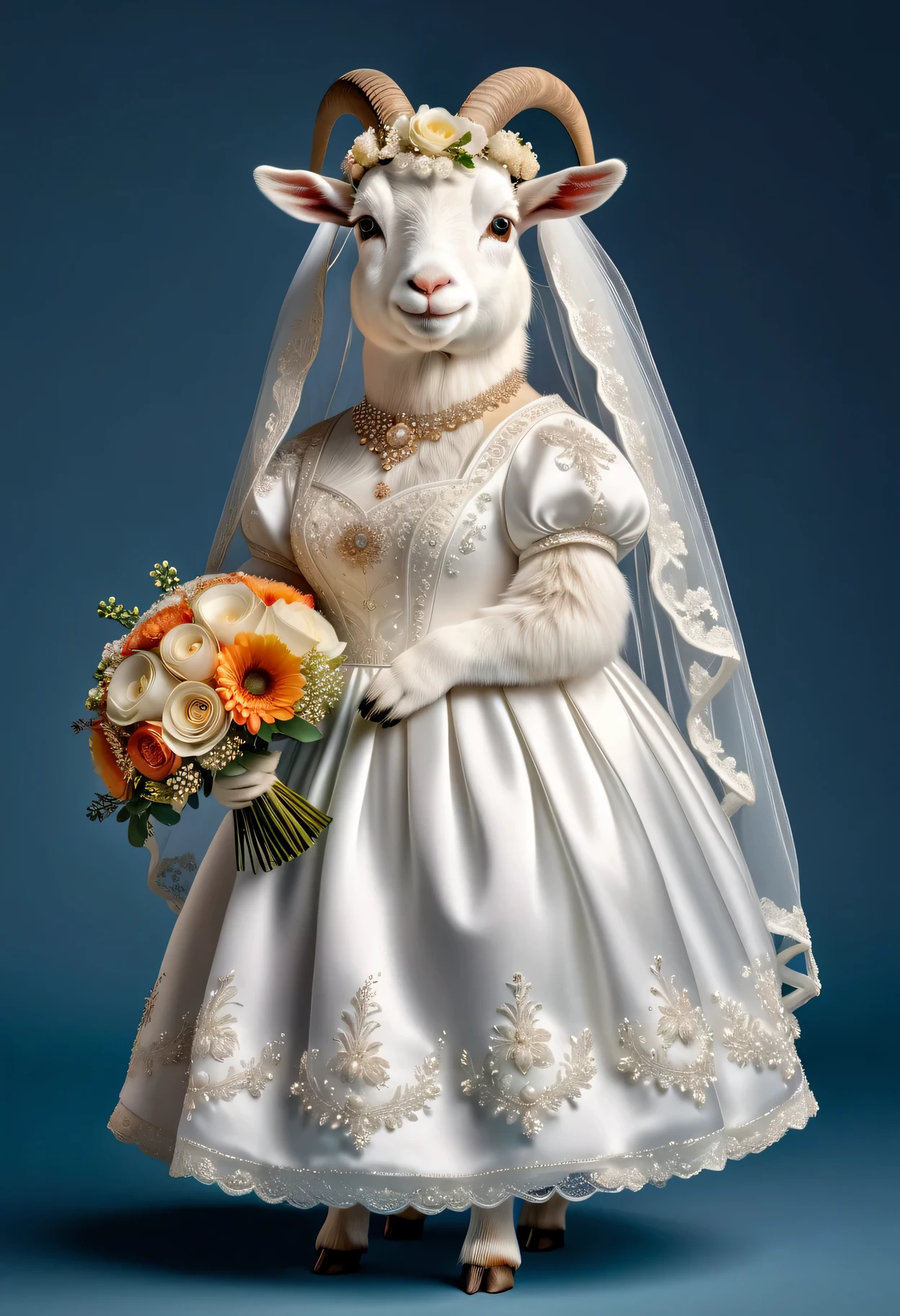 photorealistic portrait of Dressed animals - a ((fat)) cute goat,(elegant pose:1.2 ),(flurry :1.2), high quality,(lovely) ,intricate details, highly detailed ((  wedding dress)), wearing opera globes ,wearing highly detailed veil and head wreath, highly detailed decorations ,holding flower bouquet, (happy), studio lighting,(full body image:1.5)
