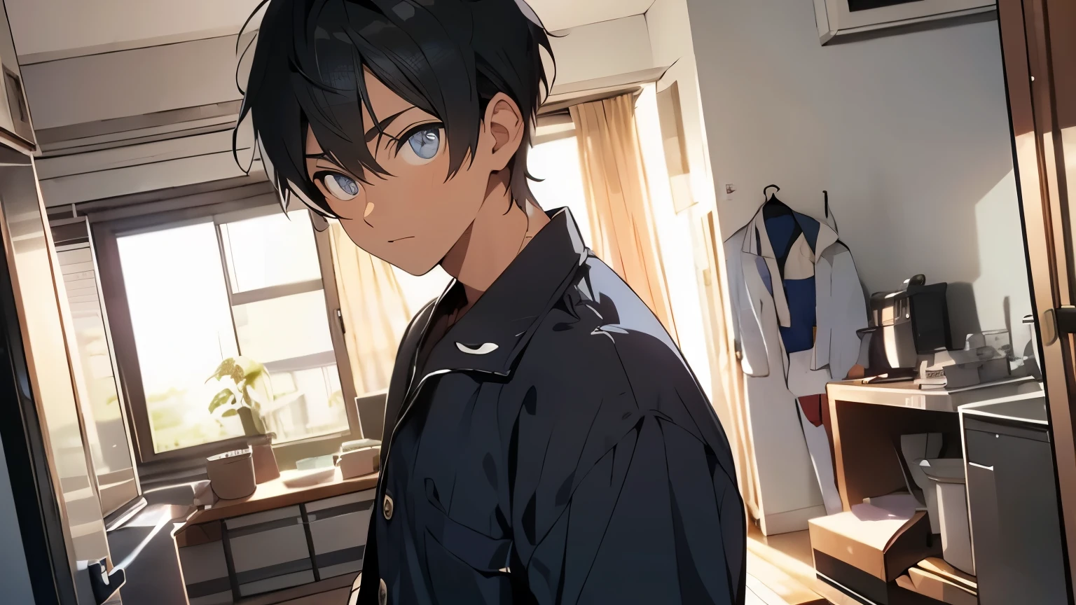 25 year old male、hair is black、short hair、サラリーマン25 year old male、one's home、pajamas、There's a police officer at the door、talking to a police officer、2 men