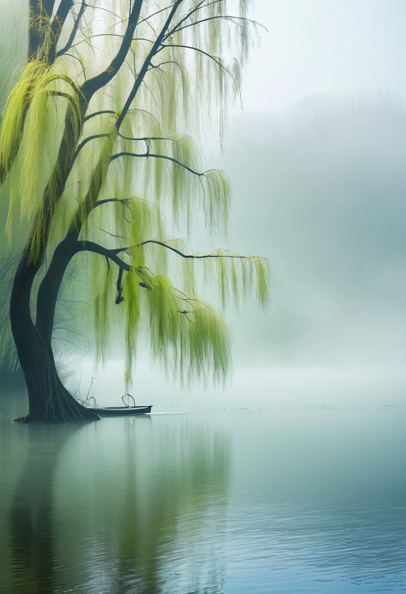  A layer of mist floated on the lake in the early morning，Adds a sense of mystery to the entire scene。Willow trees by the lake are shrouded in fog，A beautiful scene of a spring morning, a time full of life and hope.，Enjoy nature's bounty，Feel the warmth of spring and the intricate textures of beautiful ethereal art in the best quality, Detailed masterpiece high definition high quality art creation