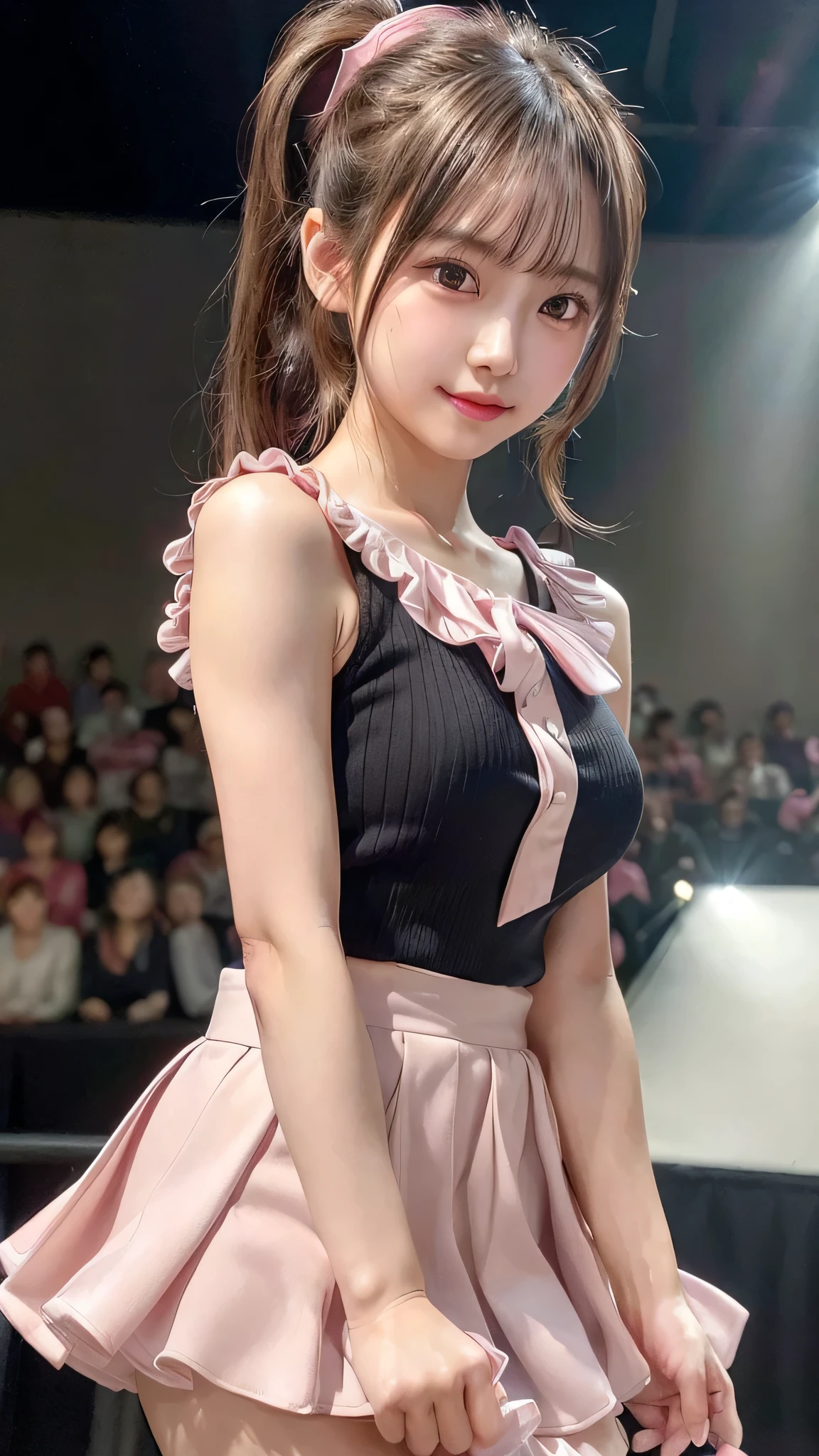 blush,small breasts,,long hair ponytail,on stage,Are standing,close up of face,((8K, Raw photo, best quality, muste piece:1.2), (Reality, photorealistic:1.4), (Highly detailed 8K wallpaper), Depth of the bounds written, cinematic lighting, soft light, detailed beauty eye,Shiny and smooth light brown ponytail, asymmetrical bangs, shiny skin, super detailed skin ,high resolution, high detail, detailed hairstyle, detailed beauty face, hyper real, perfect limbs, perfect anatomy ,1 Japanese girl,famous japanese idol, perfect female body,shy smile,short eyelashes,double-edged eyelids,look straight here,Hair style is ponytail、Pink colored long dress with lots of ruffles, softly shaped skirt, standing on stage,pink ribbon on head,She wears a long skirt with lots of frills.,Neat clothes