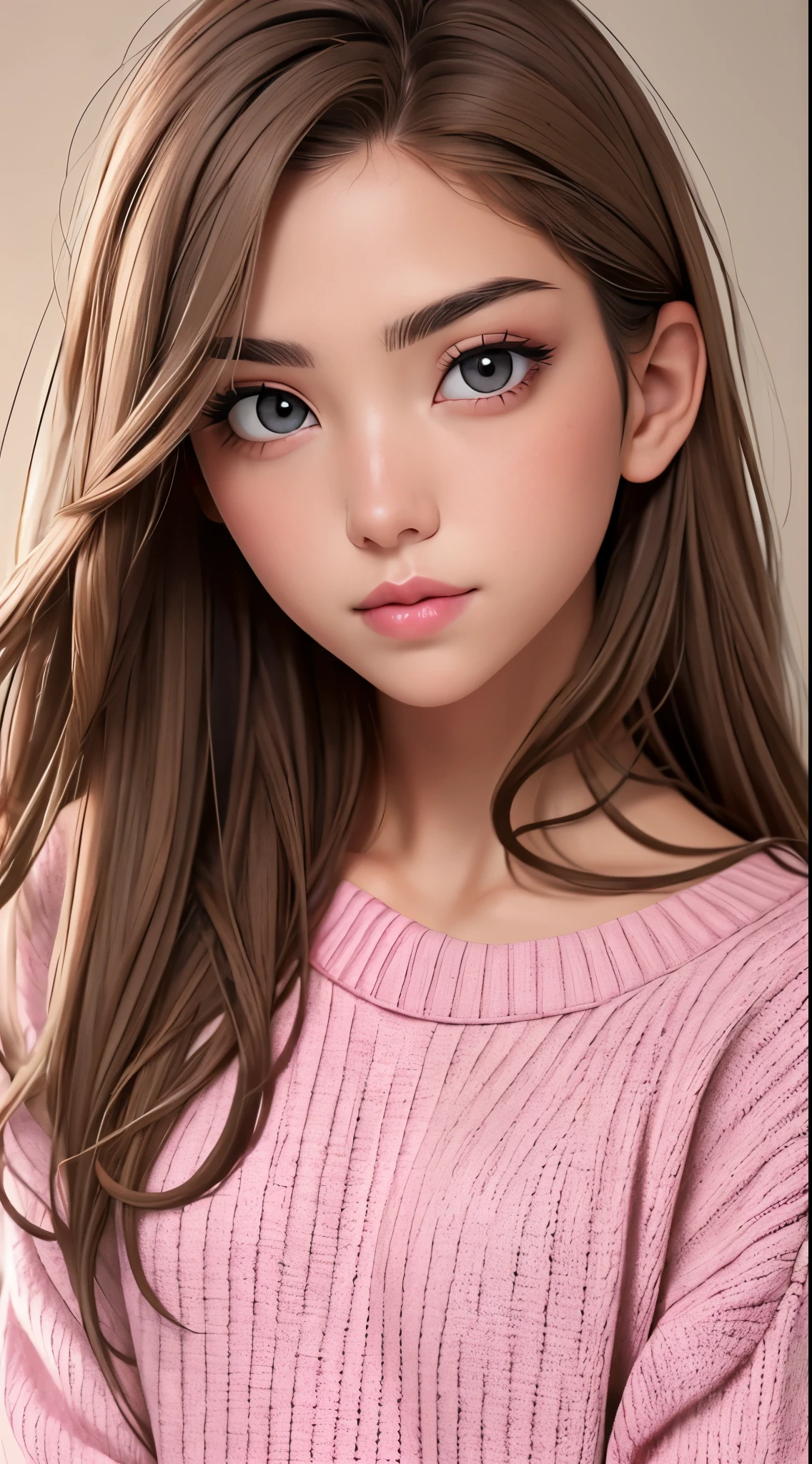 Girl, long light brown hair, gray eyes, cold features, white skin, pink lips, sweater