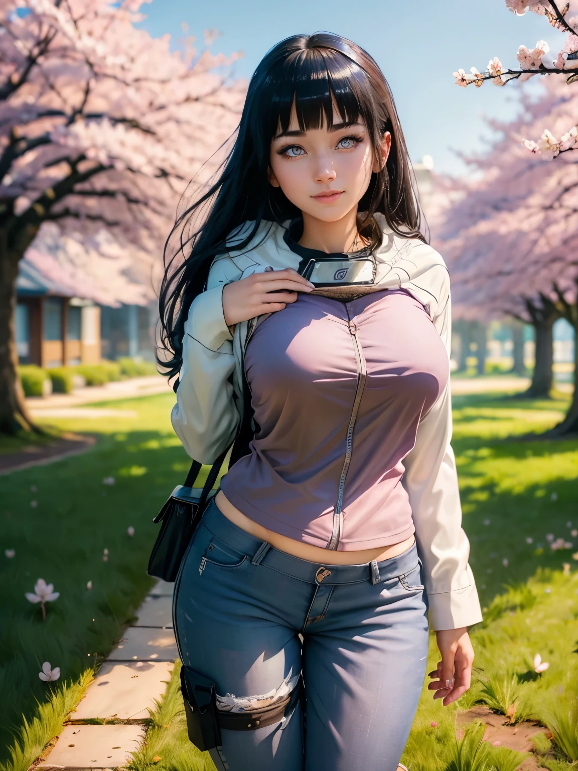 Х1Н4Т4, 1girl, Hyūga Hinata, solo, (Realistic:0.5), Masterpiece, solo, (Best Quality, Perfect detail, Beautifully detailed face, detailed eyes), Brilliant brilliance, Ray Tracing, Depth of field, HDR, gradient eyes, Sharp eyelashes, ((Lashes)), mascara, Detail_s face, Lashes, Shiny hair, Flirting, Seduction Smile, parted lips, Average Breasts,, (Floating soft particles:1.1), ((looking a viewer)), (Playmate pose:1.1), (full - body:1.1), ((8k wallpaper)), ((hight resolution)), Long hair, black hair, white eyes, (pants:1.2), Hand on hip, hood, Bangs, full - body, Standing, blurry, looking a viewer, long sleeves, Smile, (grass field:1.4), (a tree:1.2), (cherry blossom:1.3), (blue skies:1.3), (Sun),show tits
