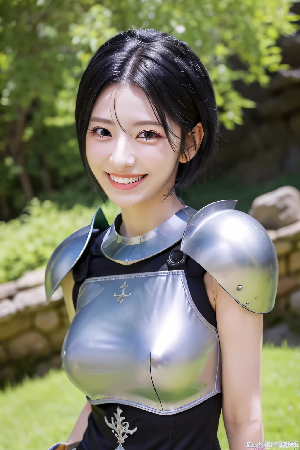 highest resolution, 4k, masterpiece: 1.3), japanese mature, women pictures, sexy, fine eyes, slender body shape, realistic teeth, double eyelid, full body, highest quality, get used to it, equipped with armor, in a fantasy world, The background is a castle、black hair、smile、beautiful teeth、full body photo、hairstyle short cut、heavy equipment、Luxurious Silver Armor、