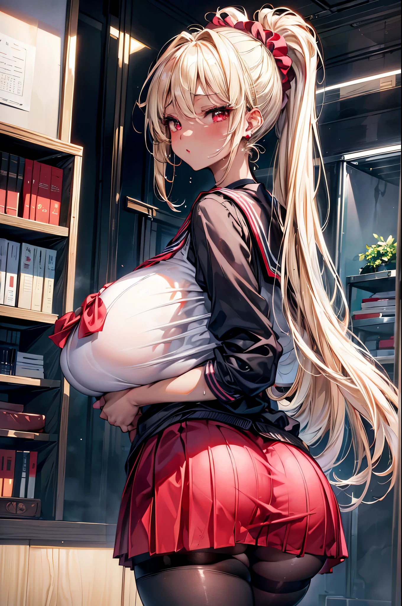 (masterpiece:1.2、highest quality、T Masterpiece)、1 female、alone、classroom、Day、stand、blonde、ponytail、red eyes、(sailor suit:1.25)、(black skin:1.25)、big breasts、pantyhose、put your hands behind your head、(baggy cardigan:1.25)、earrings、lipstick、very sweaty、Scrunchie、choker、blush、(posture of looking back:1.25)