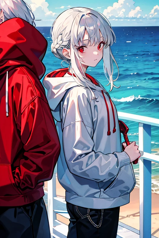 french braid, grey hair, red eyes, hoodie, standing, Fair skin, outdoors, ocean, looking at viewer, 1990s (style), --niji 5  --ar 2:3