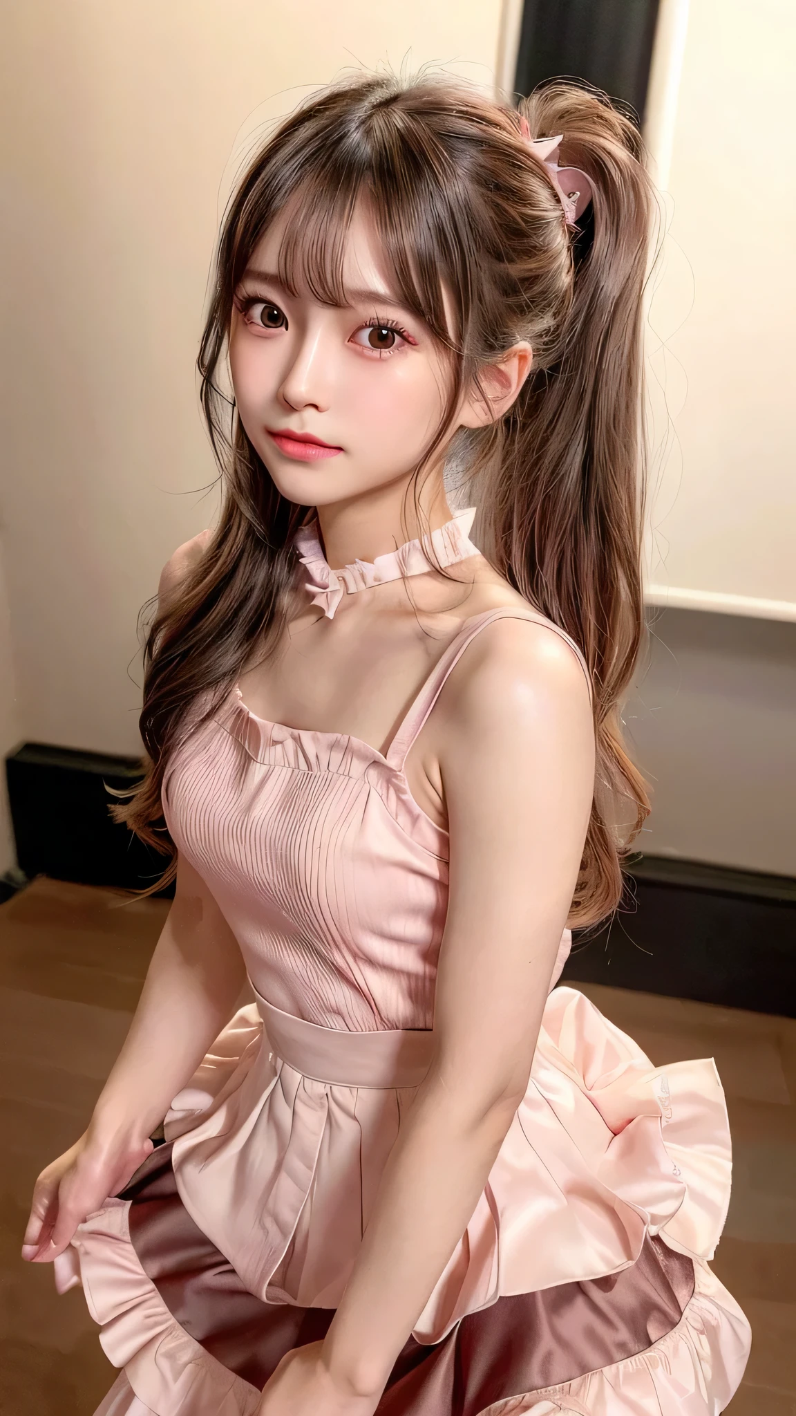 blush,small breasts,,long hair ponytail,on stage,Are standing,close up of face,((8K, Raw photo, best quality, muste piece:1.2), (Reality, photorealistic:1.4), (Highly detailed 8K wallpaper), Depth of the bounds written, cinematic lighting, soft light, detailed beauty eye,Shiny and smooth light brown ponytail, asymmetrical bangs, shiny skin, super detailed skin ,high resolution, high detail, detailed hairstyle, detailed beauty face, hyper real, perfect limbs, perfect anatomy ,1 Japanese girl,famous japanese idol, perfect female body,shy smile,short eyelashes,double-edged eyelids,look straight here,Hair style is ponytail、Pink colored long dress with lots of ruffles, softly shaped skirt, standing on stage,pink ribbon on head,She wears a long skirt with lots of frills.,Neat clothes