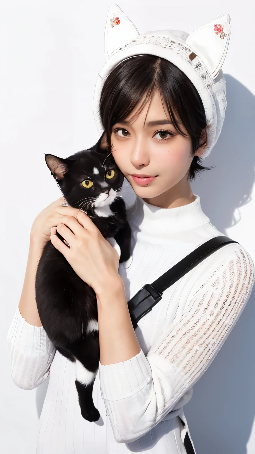 Woman in light maid clothes lying in bed with black cat, Woman smiling mischievously、No makeup、smiling girl、Young Face、Smiling Woman、Little devil smiling girl、Vlchats in thin maid clothes, Nekomimi, maid! attractive cat girl, Wearing Apple products in VR, very beautiful cute catgirl, Girl in VR headset, catgirl, Cat Girl, hololive, Wearing a VR headset, Wear VR goggles、Indoors bathed in the white light of the morning sun、clothes reflecting light、age woman's skin reflecting light、Fashionable choker black cat、White curtains、There is a white curtain that transmits light、Black cat in a good mood、Teenwoman arm trying to touch cat's tail、Maid clothes reflecting the morning light、Cat Shadow、Fair-skinned young girl lying on bed、Black cat sitting in bed、Girl and Black Cat、Teenage 's arms are translucent、Veins are visible inside、Anatomical internal muscles and blood vessels on the skin of the arm are faintly visible.、Thin anatomical tendons and veins are also visible on the nape of the girl's neck.、with a slender body、In the arms of a girl、shiny hair is faintly visible.、Beautiful black rich fur of cats、masterpiece、Delicate black-haired girl、maid clothes、The girl's thin arms and hands are transparent、Slender little teenage girl々Shii Black Cat、Photographer girl's face reflected on the glass surface of high-end headset(0.4)、Beautiful black cat coat、The eyes of the black cat also reflect the image of the girl who took the photo.(0.4)、top-quality(0.8)、masterpiece、contest winner