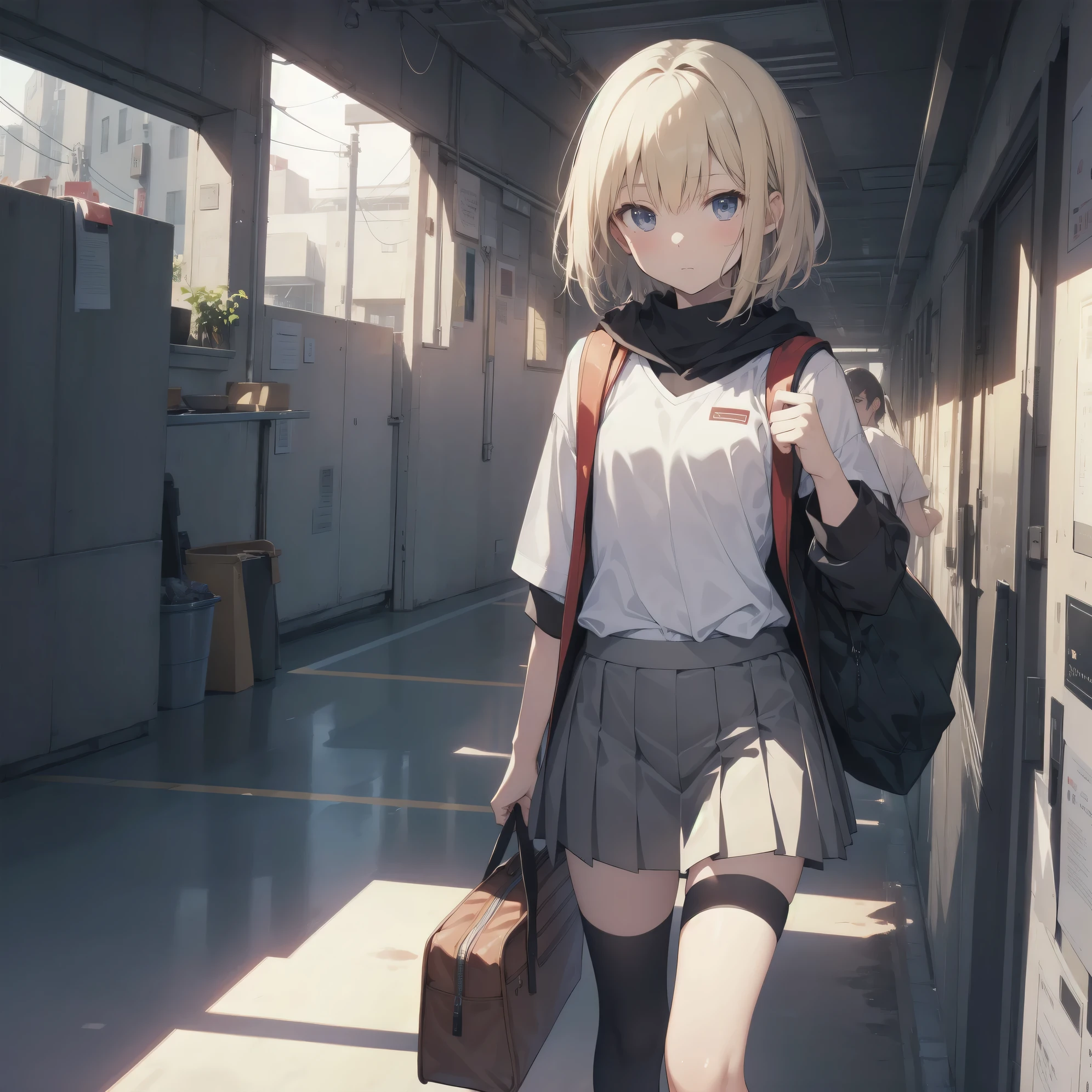 ultra-absurdres-Top quality by art God, ultra-detailed, high resolution, anime moe artstyle, best anime 8k konachan wallpaper, pixiv contest winner, perfect anatomy,break, 1girl, (Please draw a girl walking sleepily to school alone. )break,(Solo,little female, 13-year-old:1.3),Full limbs, complete fingers,a junior high school student, Attractiveness of immature bodies, (very short hair), short cut, flat chest, , small butt, groin, small black eyes, beautiful detailed eyes, well-proportioned iris and pupils, expressive eyes, highres detailed hair, soft expression, school_uniform, pleated skirt,(Detailed Lighting), (Detailed background), in the School commute route. break,super detailed skin, Best cinematic lighting powered by famous artist, 8k,beauty illustration,photoshop_(medium),very aesthetic,break,((artist:core)), artist:fukahire_(ruinon),artist:sekiya asami,artist:kantoku,
