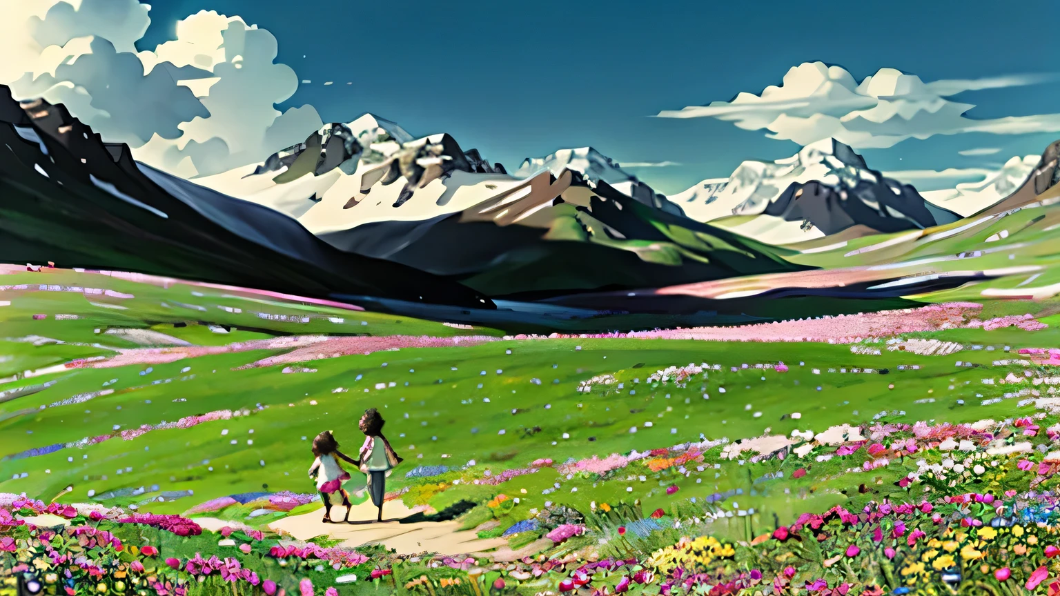 children playing in the meadow、in anime style