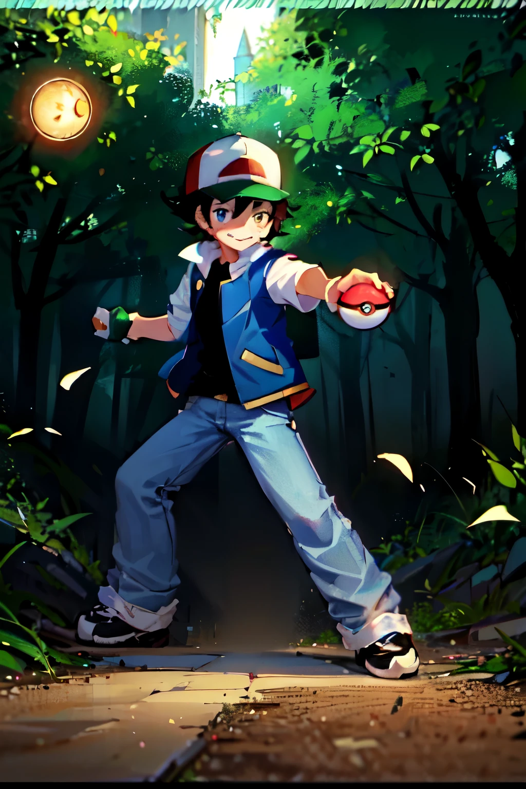 anime artwork, 1boy, OGAshK, baseball cap, black hair, short hair, spiky hair, anime brown eyes, red hat, holding pokeball, gym, room light, green backpack with colored horizontal stripes orange, fighting, smiling, blue jacket with white sleeves, black and white shoes, dark blue t-shirt, ((Light blue jeans)), full body, anime style, vivid, highly detailed ,