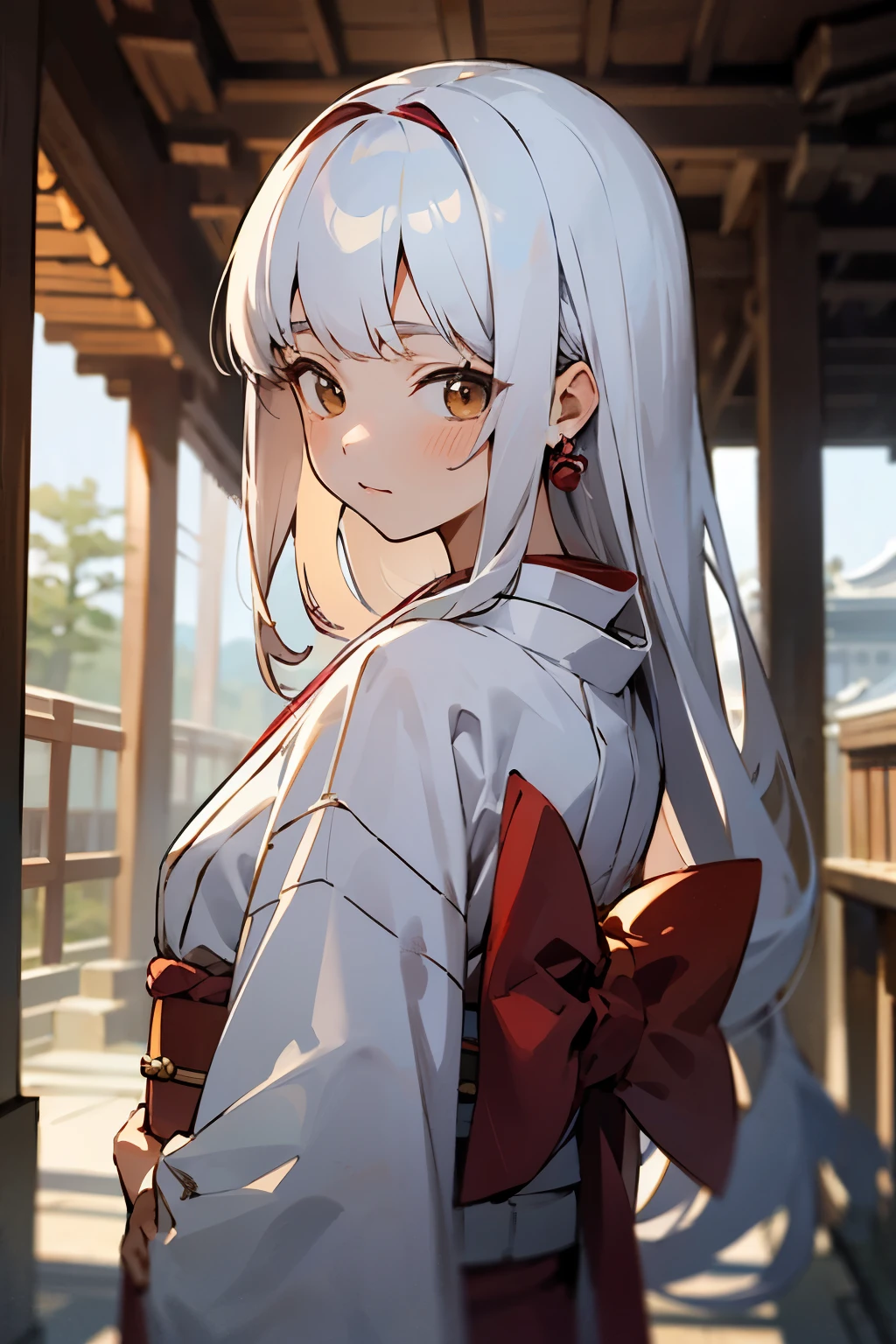 ((best quality)), ((masterpiece)), (detailed), perfect face,cute Japanese teenage woman, 17 years old, 150cm tall, wearing a kimono, white hair with hairstyle with bangs at the front and long hair at the back, in the temple yard