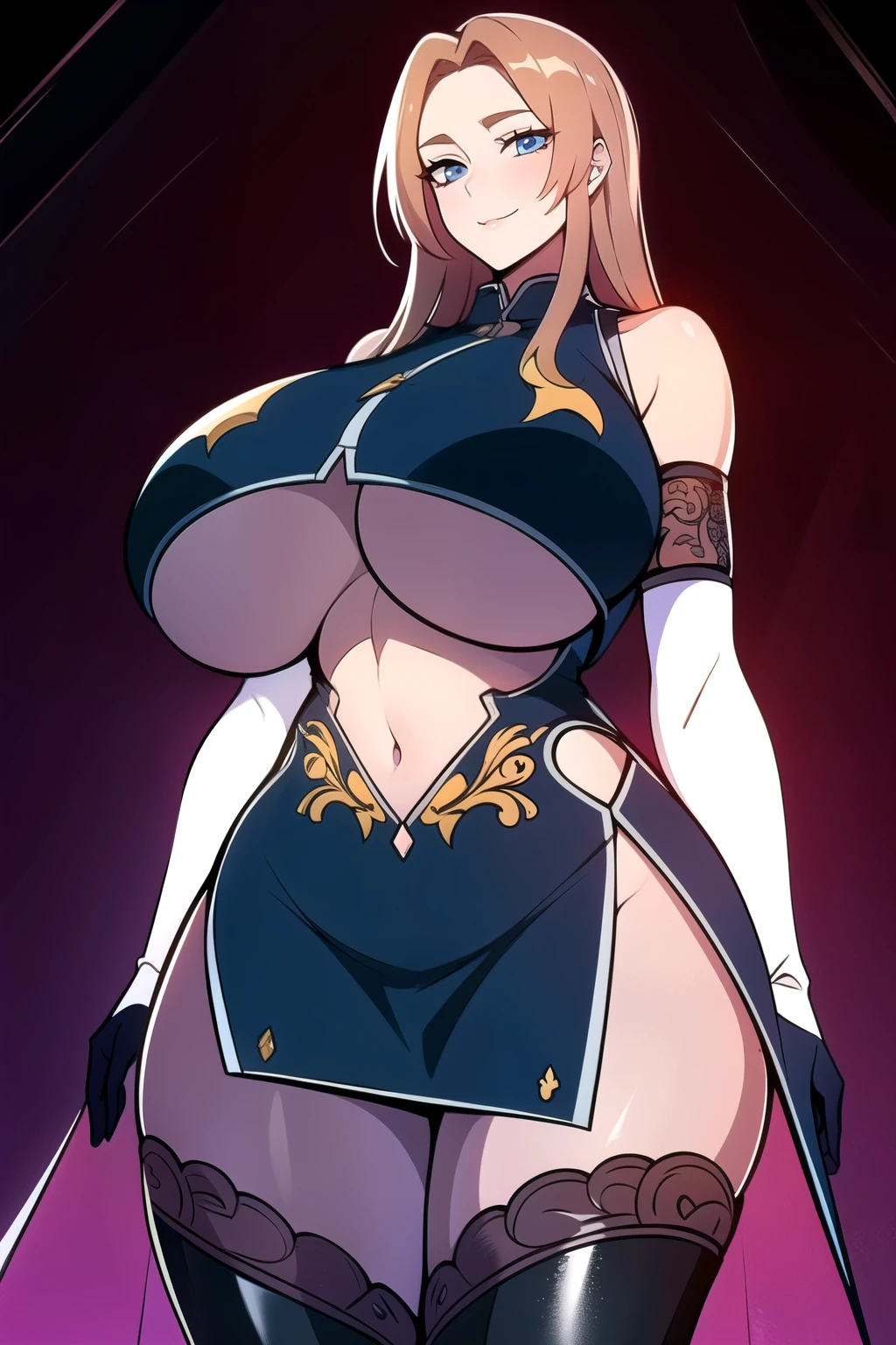 ultra realistic 8k cg, masterpiece, (( intricate detail, highly detailed, fine details best quality, hyperdetailed face)), gigantic breasts ,beautiful lighting, absurdres, BoaHancockV2, 1girl, solo, blond hair, long hair, jewelry, closed mouth, ), (chinese dress, (underboob : 1.4), elbow gloves, thigh boots, split skirt, bare shoulders, curvy, midriff, curvy, thighs, shiny clothes), blue eyes, (complex detailed background, inside, luxury palace), ((cowboy shot)), curvy, (gigantic breasts: 1.1), seductive smile, cowboy shot,
