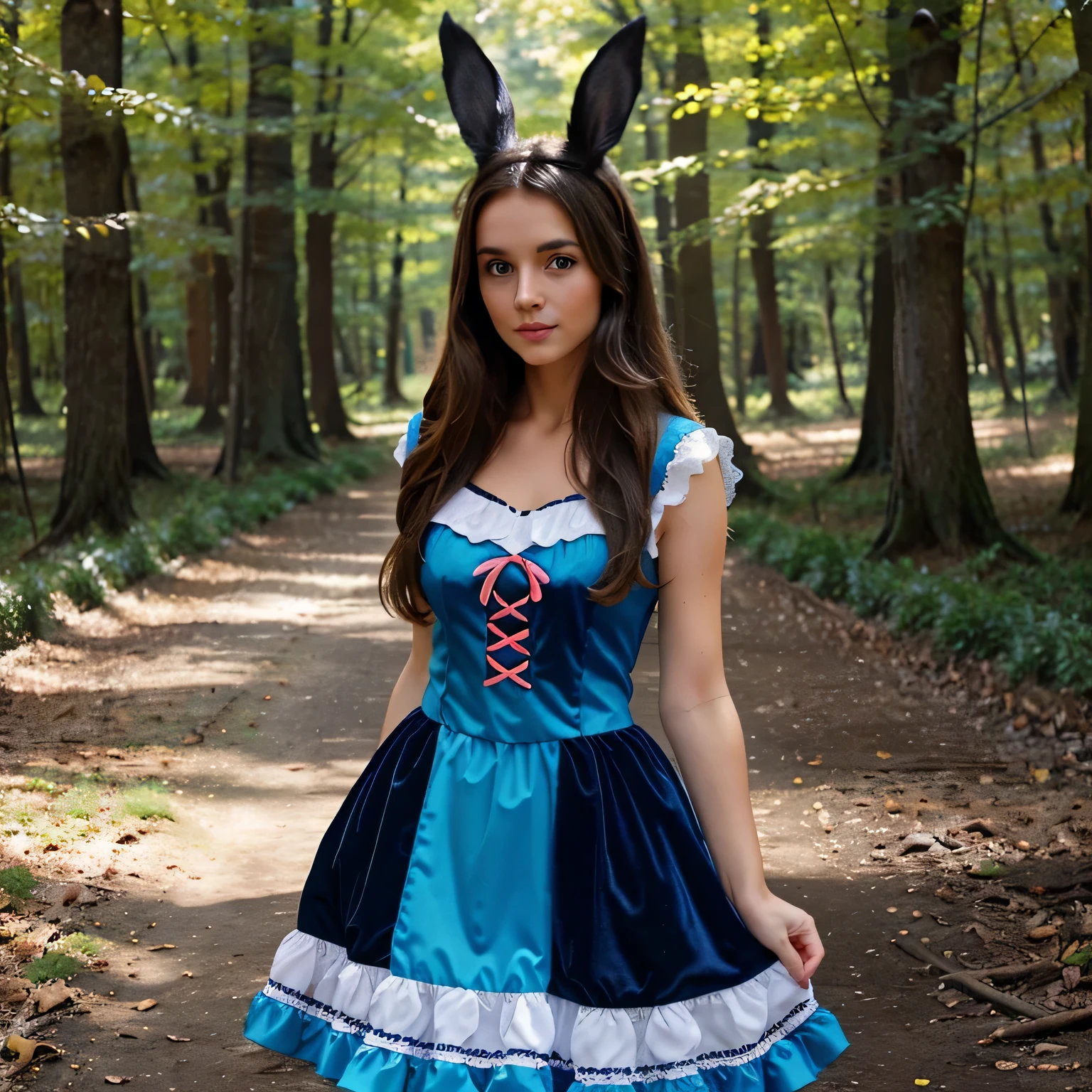 Albanian, girl, long brown hair, blue eyes, Brunette Easter Bunny, Cute and Colorful Costume, Black Rabbits, Blue Cats, Enchanted Forest Setting, Springtime Scene, Easter Theme, Whimsical Atmosphere, Playful Characters, Contrast  of Colors
