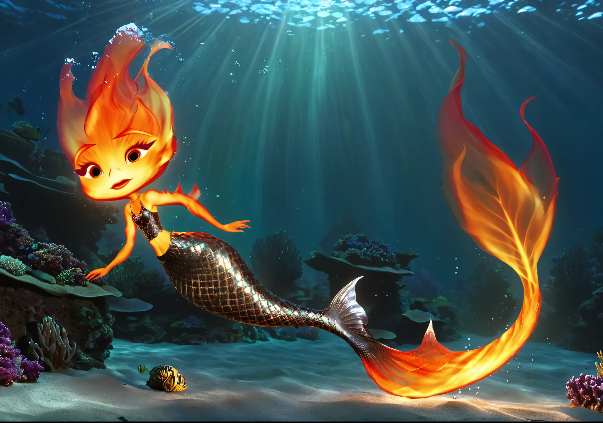 ember lumen concept art, fire mermaid ember lumen, mermaid with grey fish tail, fantastic masterpiece mermaid tail, swimming underwater, underwater background, masterpiece cgi work, best vfx