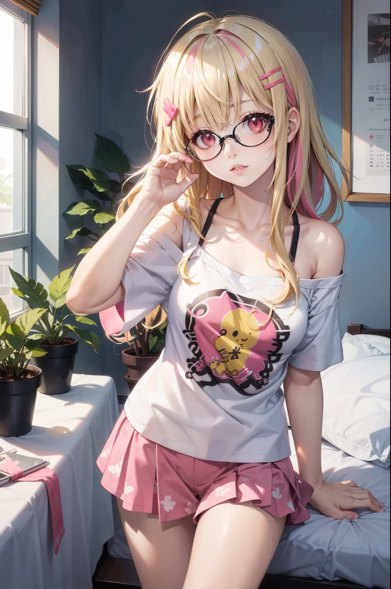 1girl, solo, blonde hair, scene hair, hair clips, pink streaks, streaky hair, long hair, off shoulder shirt, indoors, messy bedroom, cute decor, dutch angle, window, plants, jirai kei, print t shirt, miniskirt, thick lips, pink eyes, layered hair, glasses