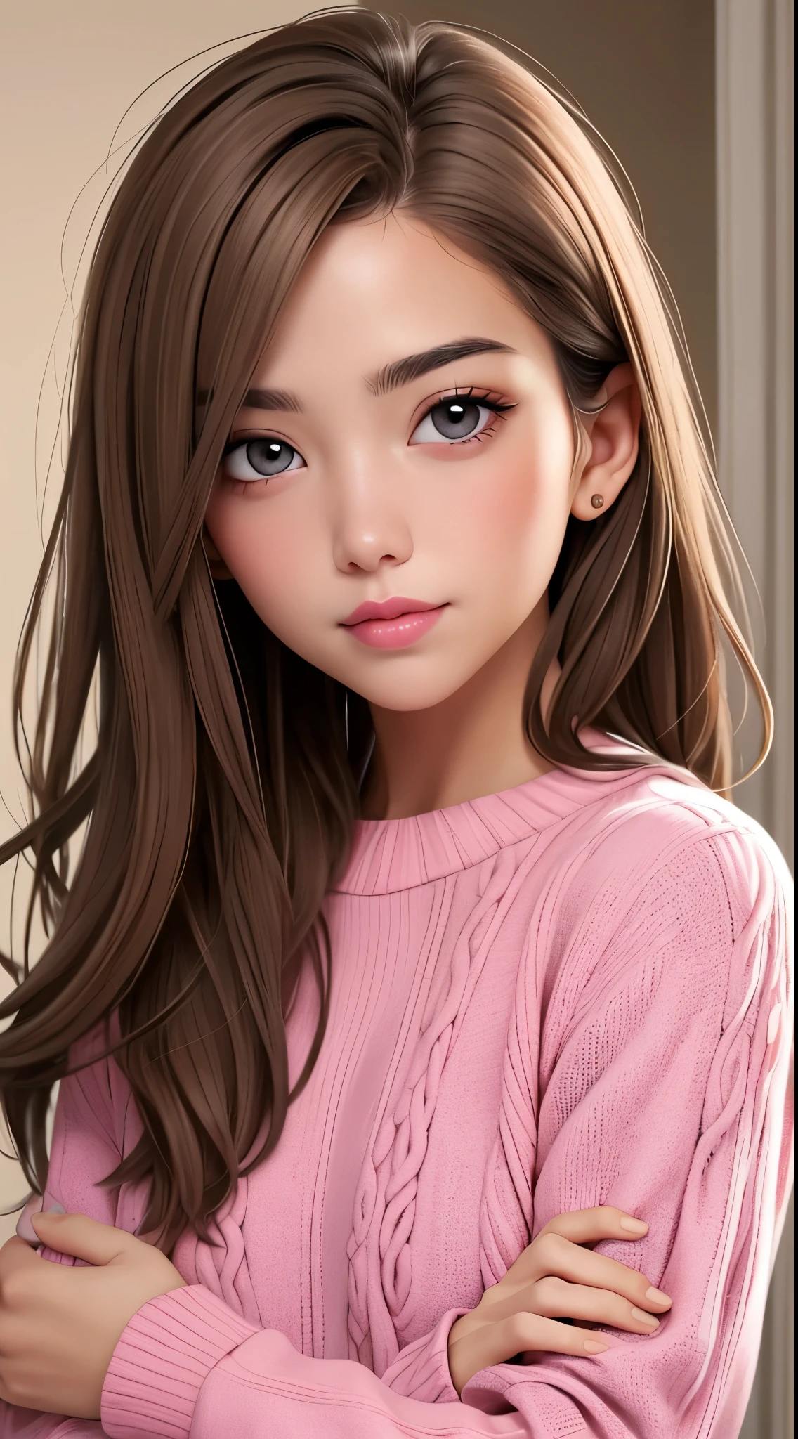 Girl, long light brown hair, gray eyes, cold features, white skin, pink lips, sweater