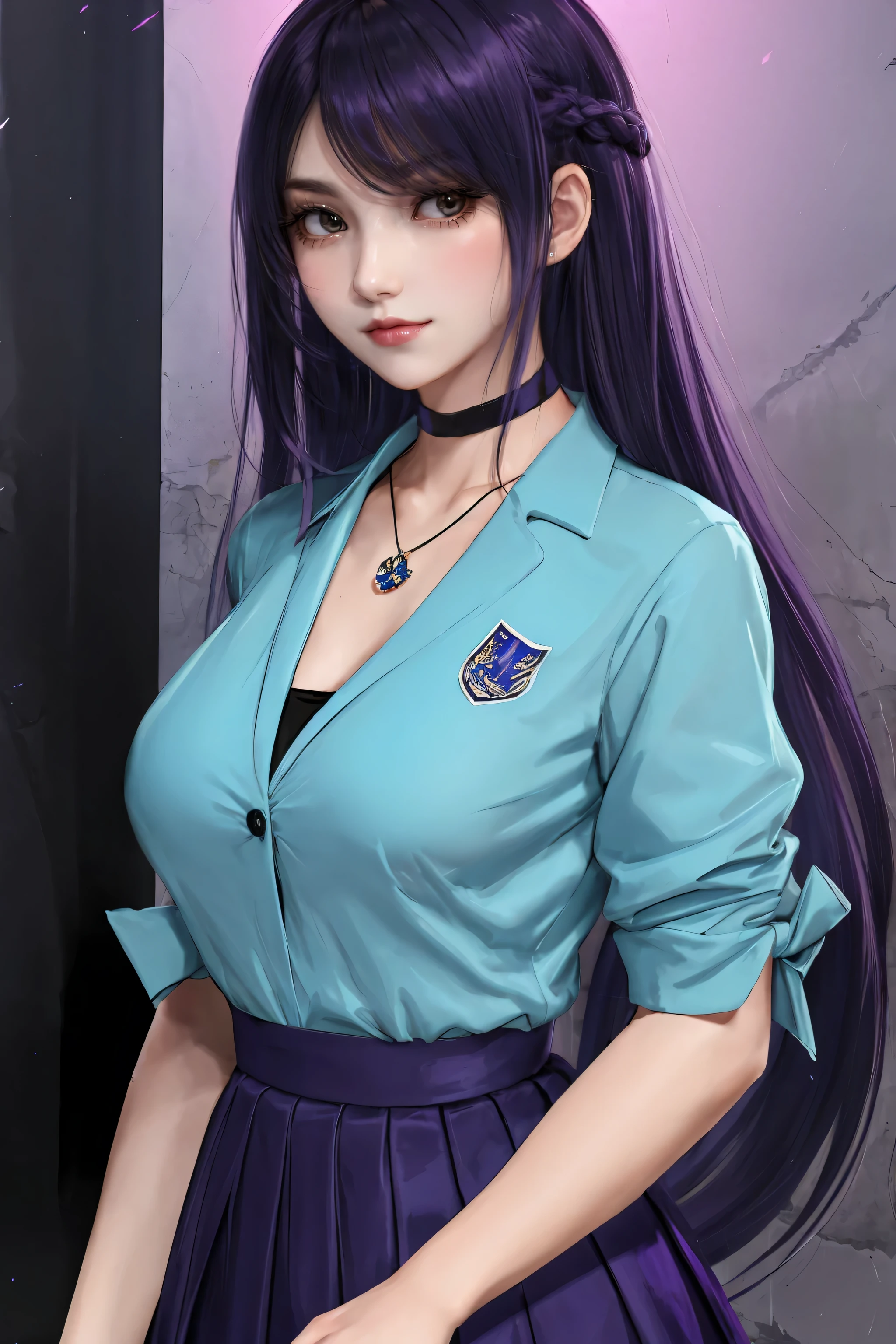 masterpiece,1 girl,alone, faint smile, Metal necklace, White shirt, modern school uniform, Accessories, Purple and black two-tone hair color, unique hairstyle, fashionable, black background