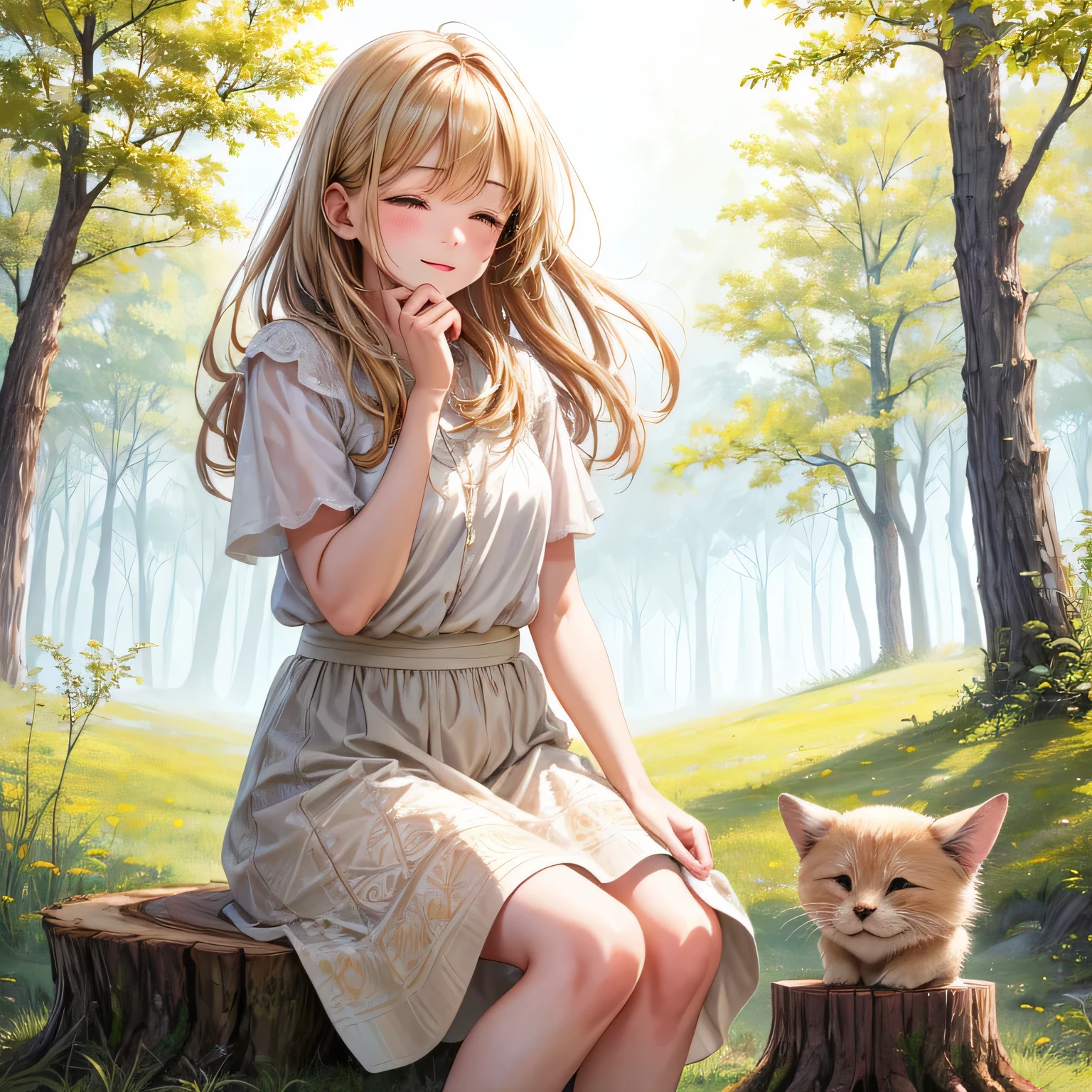 best quality, highres:1.1, 1female, cute, adorable, sitting, on a tree stump, holding a pillow, rubbing her eyes with a gentle expression, exquisitely detailed features, rosy cheeks, natural facial expressions, softly lit, warm tones, realistic textures, intricate patterns, close-up perspective, wearing a flowy dress or skirt, expressing contentment, bright and clear image.