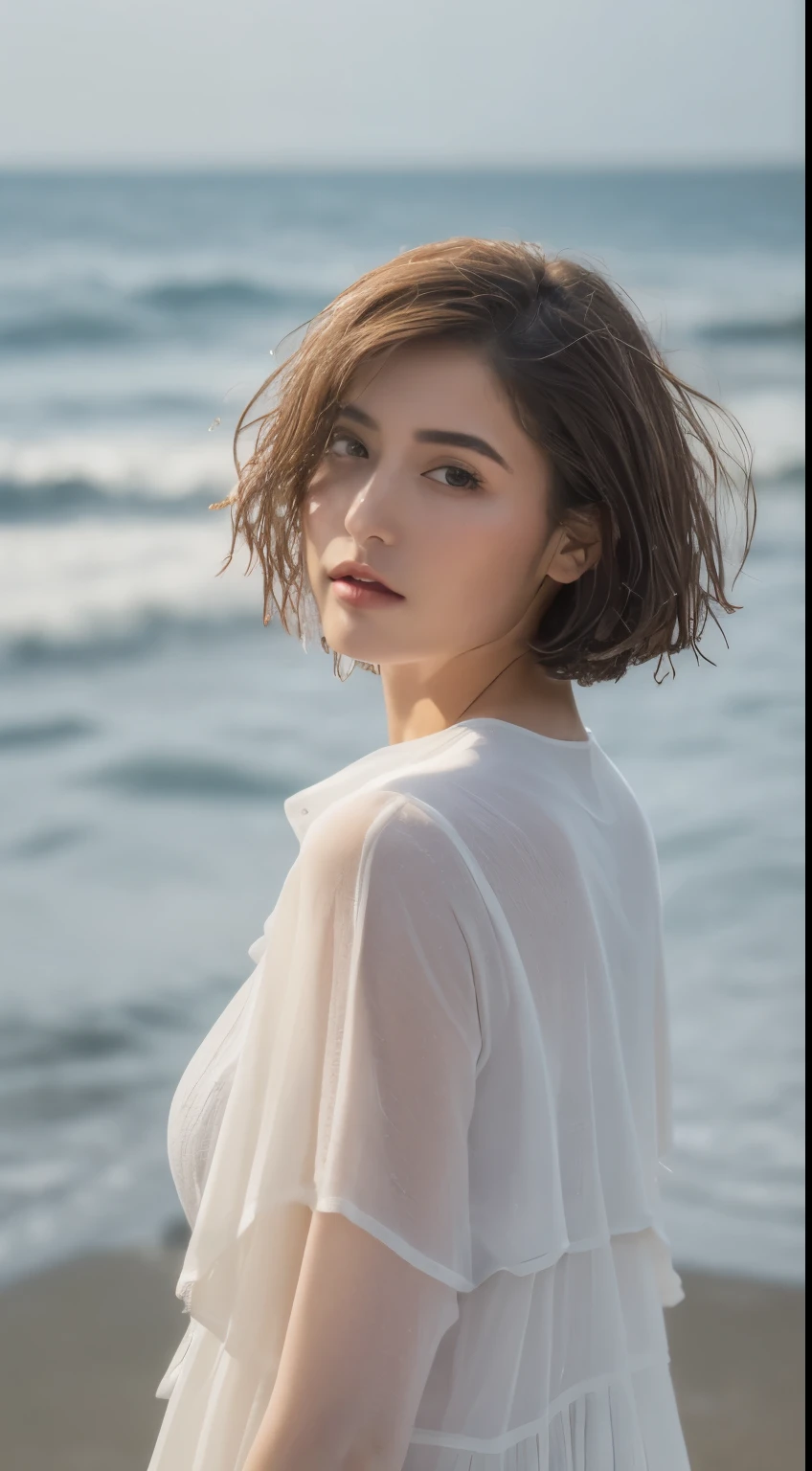 ((Best Quality, 8k, Masterpiece:1.3)), Focus:1.2, Perfect Body Beauty:1.4, Buttocks:1.2, ((Layered Haircut, Breasts:1.2)), (Wet Clothes:1.2) , (Rain, seaside:1.3), Bandeau Dress: 1.1, Highly Detailed Face and Skin Texture, Fine Eyes, Double Eyelids, Whitened Skin, Long Hair, (Shut Up: 1.3)