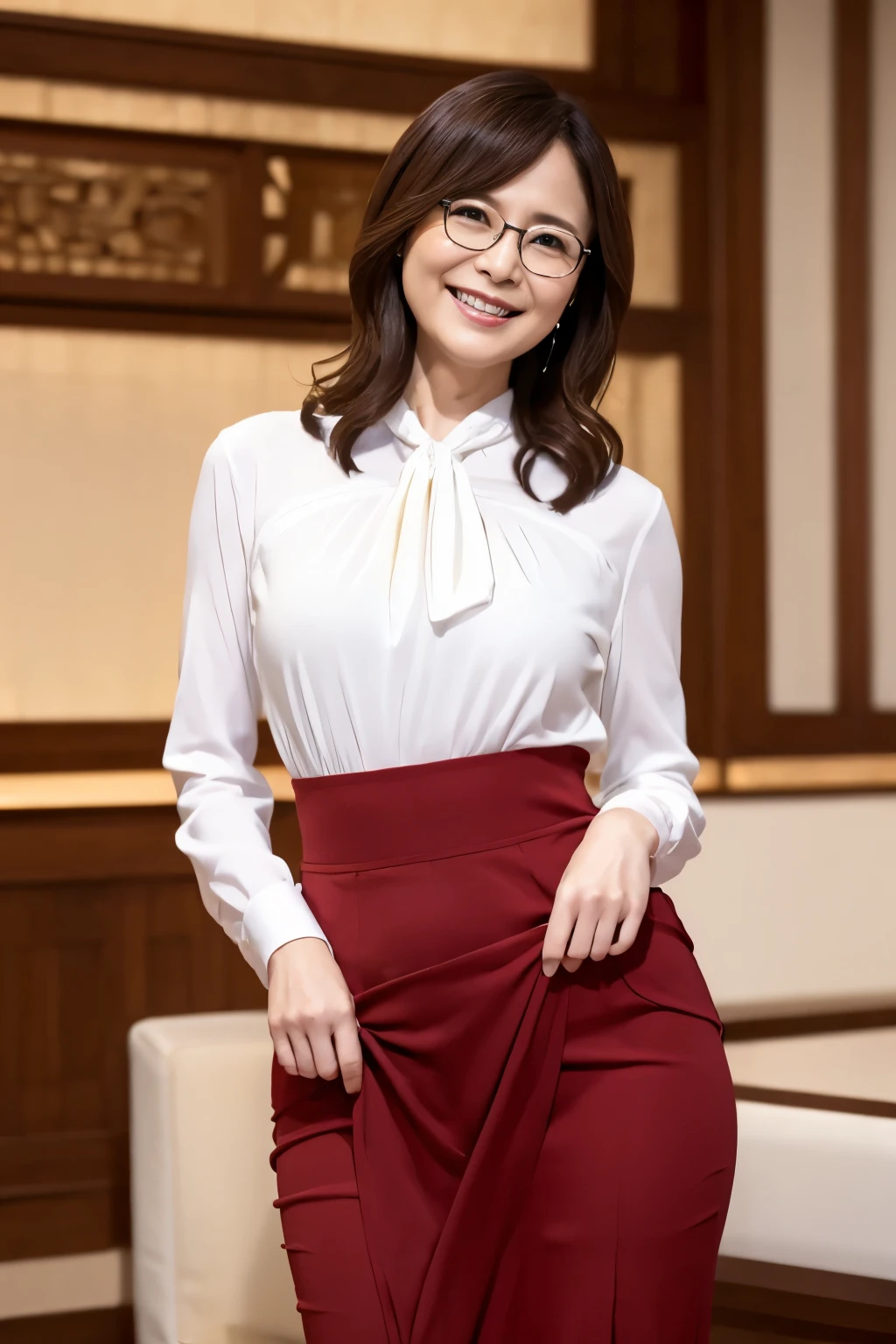 50 year old mature woman、Classy sex appeal、sexy、fine skin、Beautiful breasts high quality、perfect sentence、super beautiful、high resolution of face、Make-up is light、Beautiful butt high quality、Shining beautiful skin、Transparent beauty、goddess of eros、realistic、looking at camera、Whitening skin、masterpiece、Moist eyes、British style、bright place、Glamour、Open your crotch to show your crotch、saggy breasts、gravure quality、Glasses、Clothes: Tight skirts and blouses、The composition is from the bottom、up hair、laughter