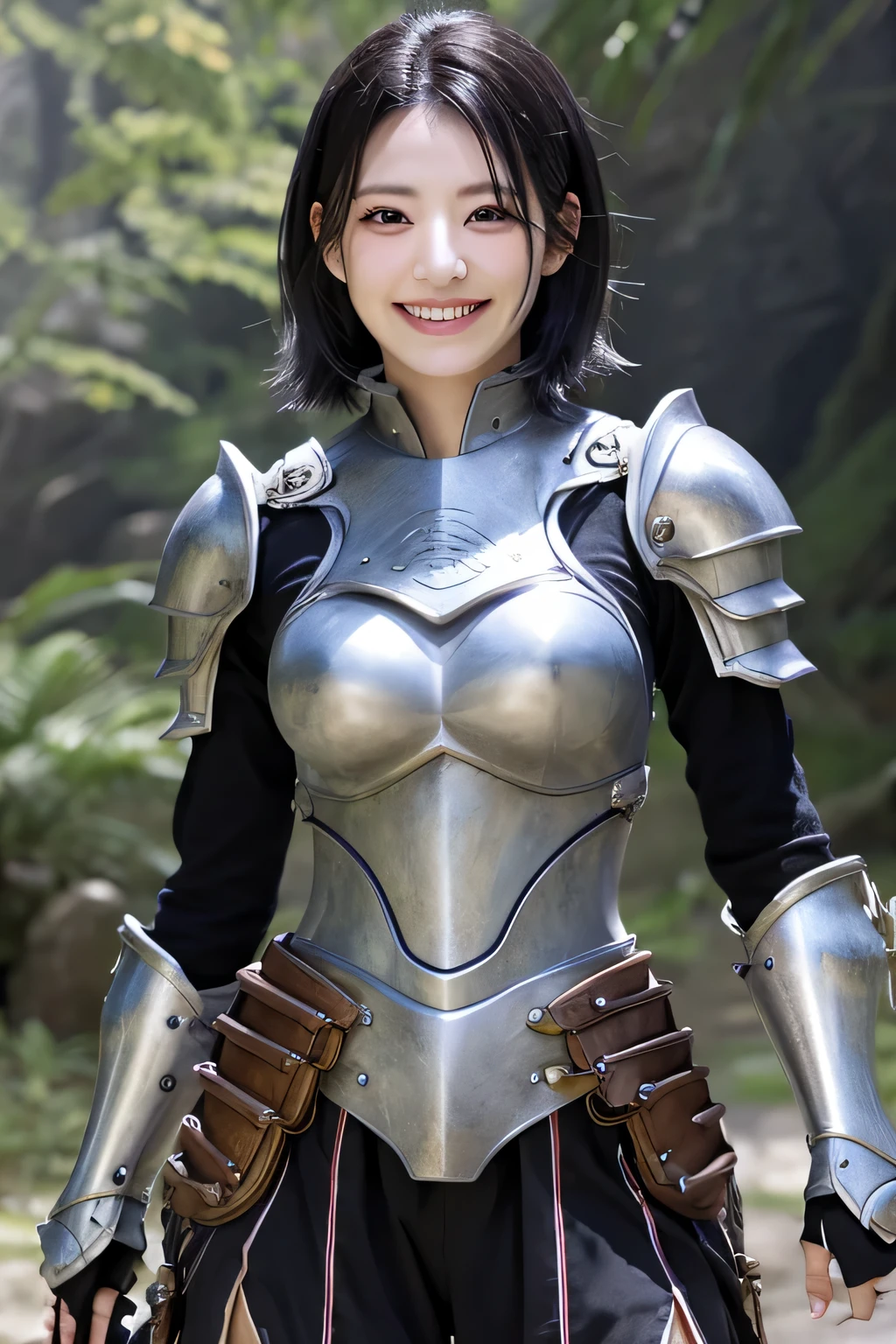 highest resolution, 4k, masterpiece: 1.3), japanese mature, women pictures, sexy, fine eyes, slender body shape, realistic teeth, double eyelid, full body, highest quality, get used to it, equipped with armor, in a fantasy world, The background is a castle、black hair、smile、beautiful teeth、full body photo、hairstyle short cut、heavy equipment、Luxurious Silver Armor、holding a weapon