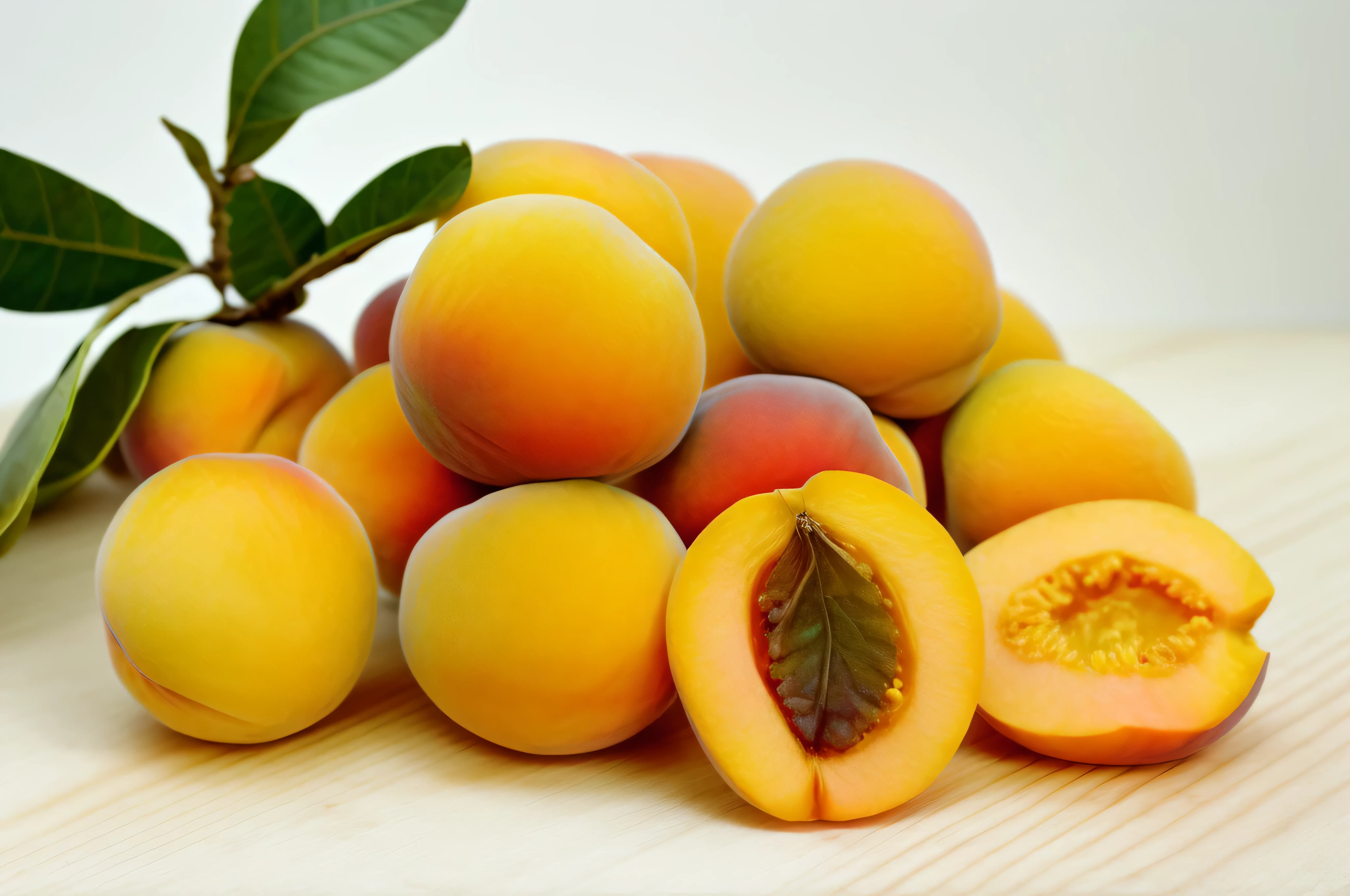 there are a lot of apricots on the table with a leaf, peaches, fruit, peach, eating rotting fruit, professional fruit photography, fruit trees, a human-like juicy peach, mango, in shades of peach, trending ,, version 3, istock, alphonso azpiri, stock image, with fruit trees, warm, soft, fruits, amber