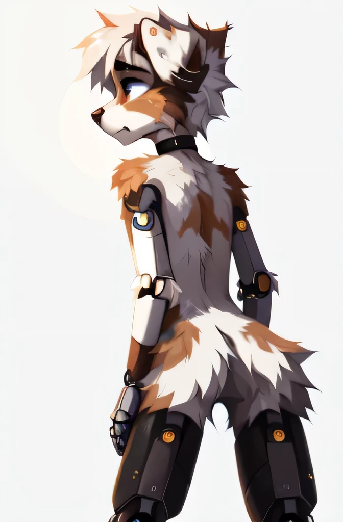 Beautiful illustration, detailed, 8k, white background, ((by reysi)), Furry, solo, full body, ((Australian Shepard)), white hair, ((teen)), ((male)), ((slender)), (sad eyes, scared expression, sad, tears, ear ring, choker, bandages), ((looking back over shoulder, behind view)), ((robot legs, cybernetic legs)), erotic, nude