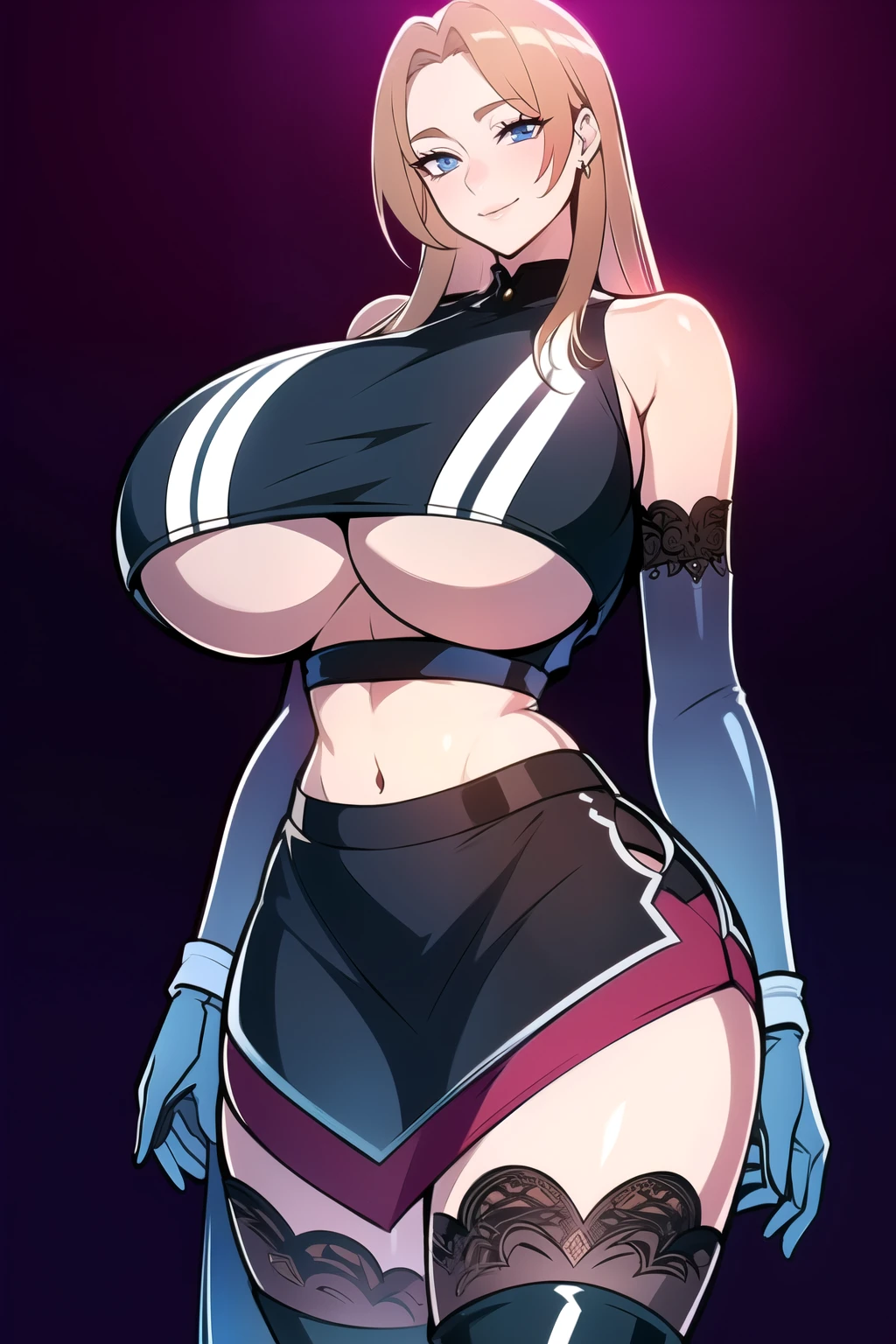 ultra realistic 8k cg, masterpiece, ((ultra detailed background, intricate detail, highly detailed, fine details best quality, hyperdetailed face)), gigantic breasts ,beautiful lighting, absurdres, BoaHancockV2, 1girl, solo, blond hair, long hair, jewelry, closed mouth, ), ((black crop top : 1.1), (underboob : 1.4), elbow gloves, thigh boots, split skirt, bare shoulders, curvy, midriff, curvy, thighs, shiny clothes), blue eyes, complex detailed background, inside, luxury palace), ((cowboy shot)), curvy, (gigantic breasts: 1.1), seductive smile, cowboy shot,
