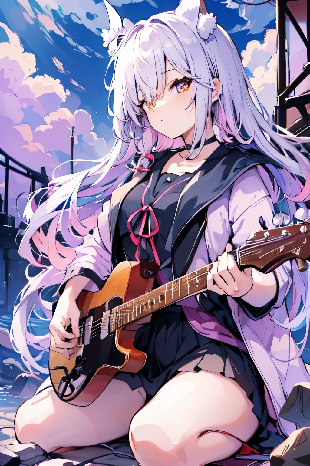 ((masutepiece)), ((Best Quality)), (Ultra-detailed), Anime style, Live performance venue, Cute s, 1girl in, Solo, Playing the guitar 00, ((Beautiful eyes))0, Smile,(((yellow eyes))),