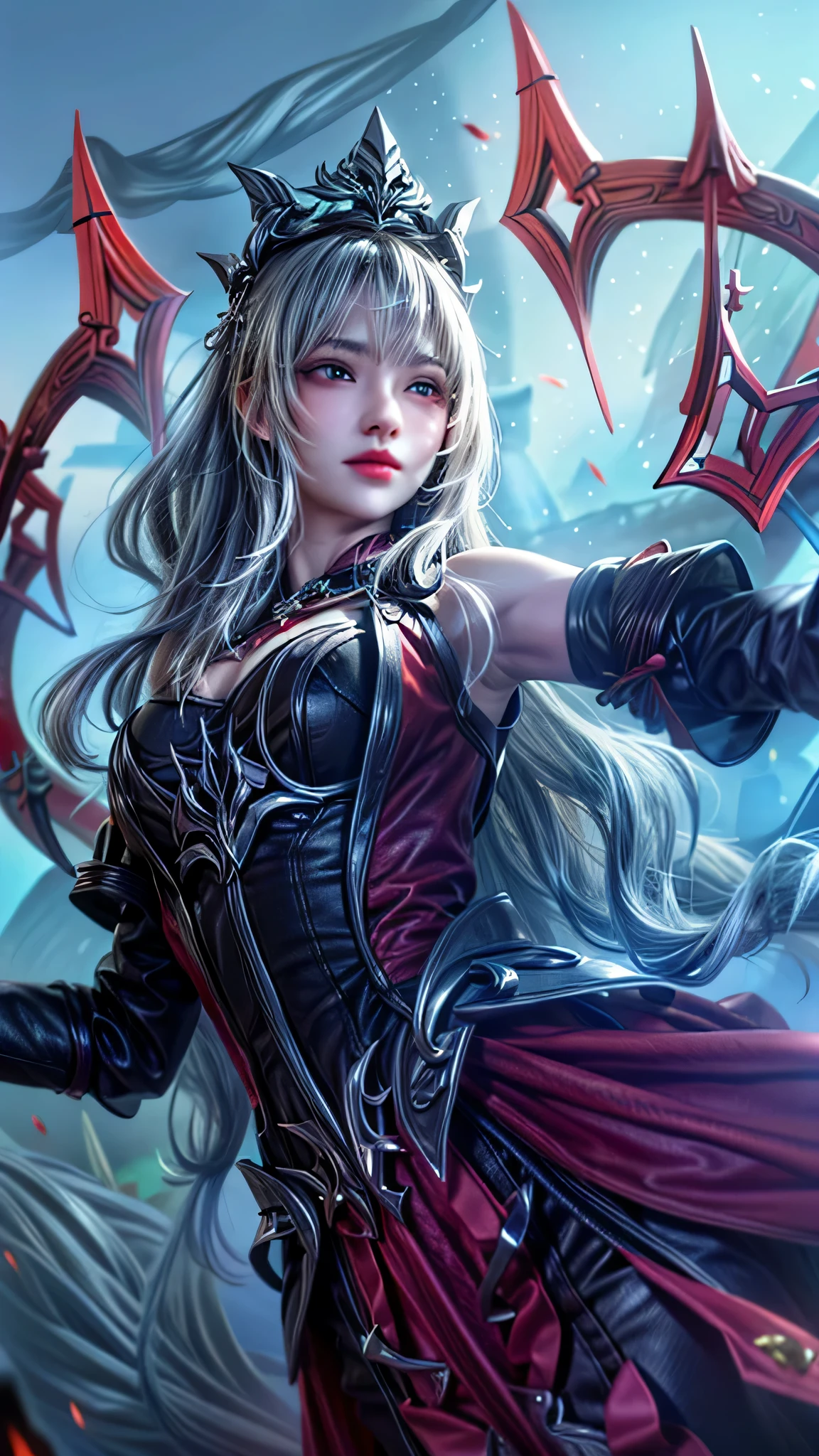 Best quality, masterpiece, ultra high res, (photorealistic:1.4), 1girl wearing a black crown , closed mouth, ((red eyes)), white hair, professional lightning, sharp focus, deep shadow, (extremely detailed CG unity 4k fhd wallpaper), 8k.