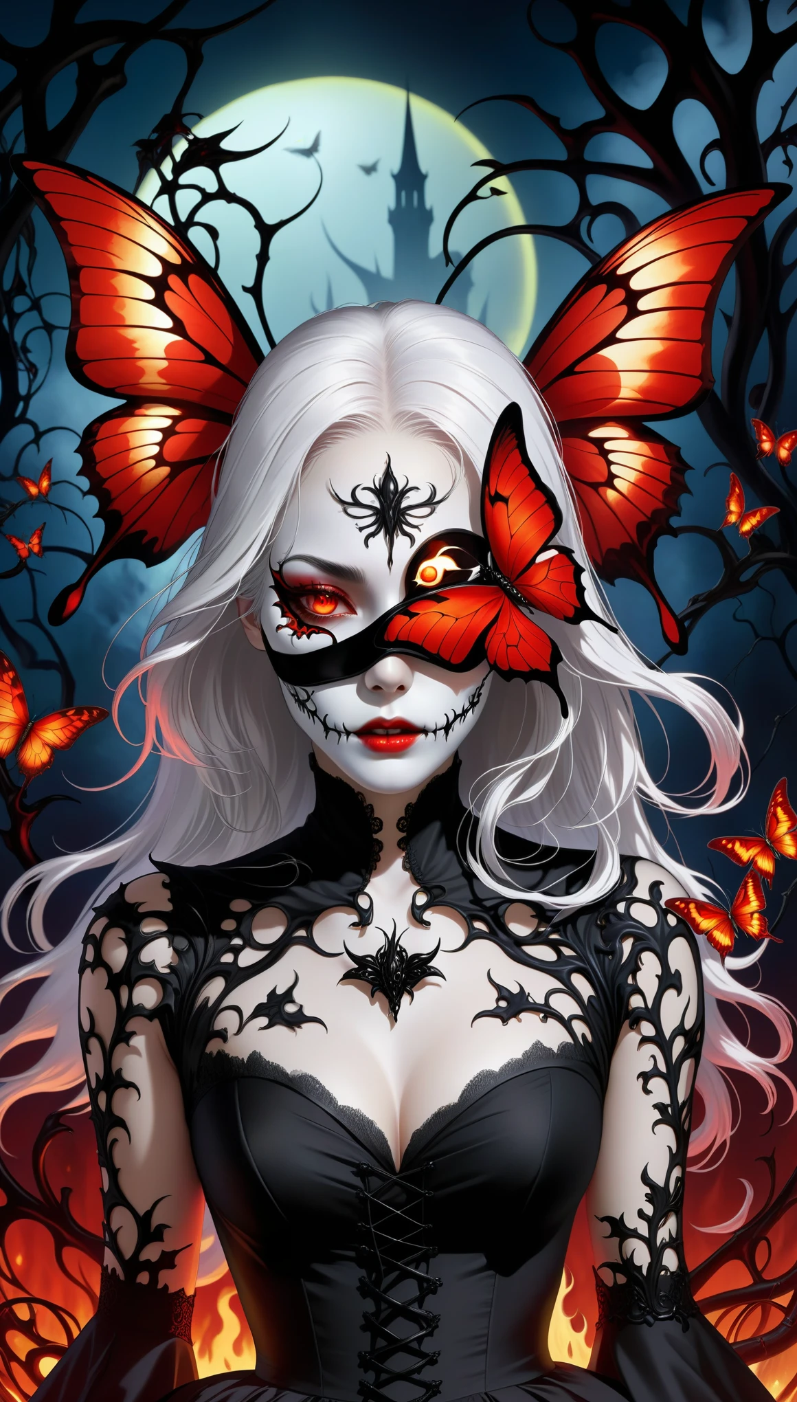 （White-haired ghost wearing an eyepatch，red eyes），（Holding a mask in hand：1.5），（gothic art），（The devil is behind her），（fear：1.5），skeleton，Flame butterfly，The blood flowing from the top of the screen，Thick，Thorn vine，sharp claws，（Correct human anatomy：1.37）