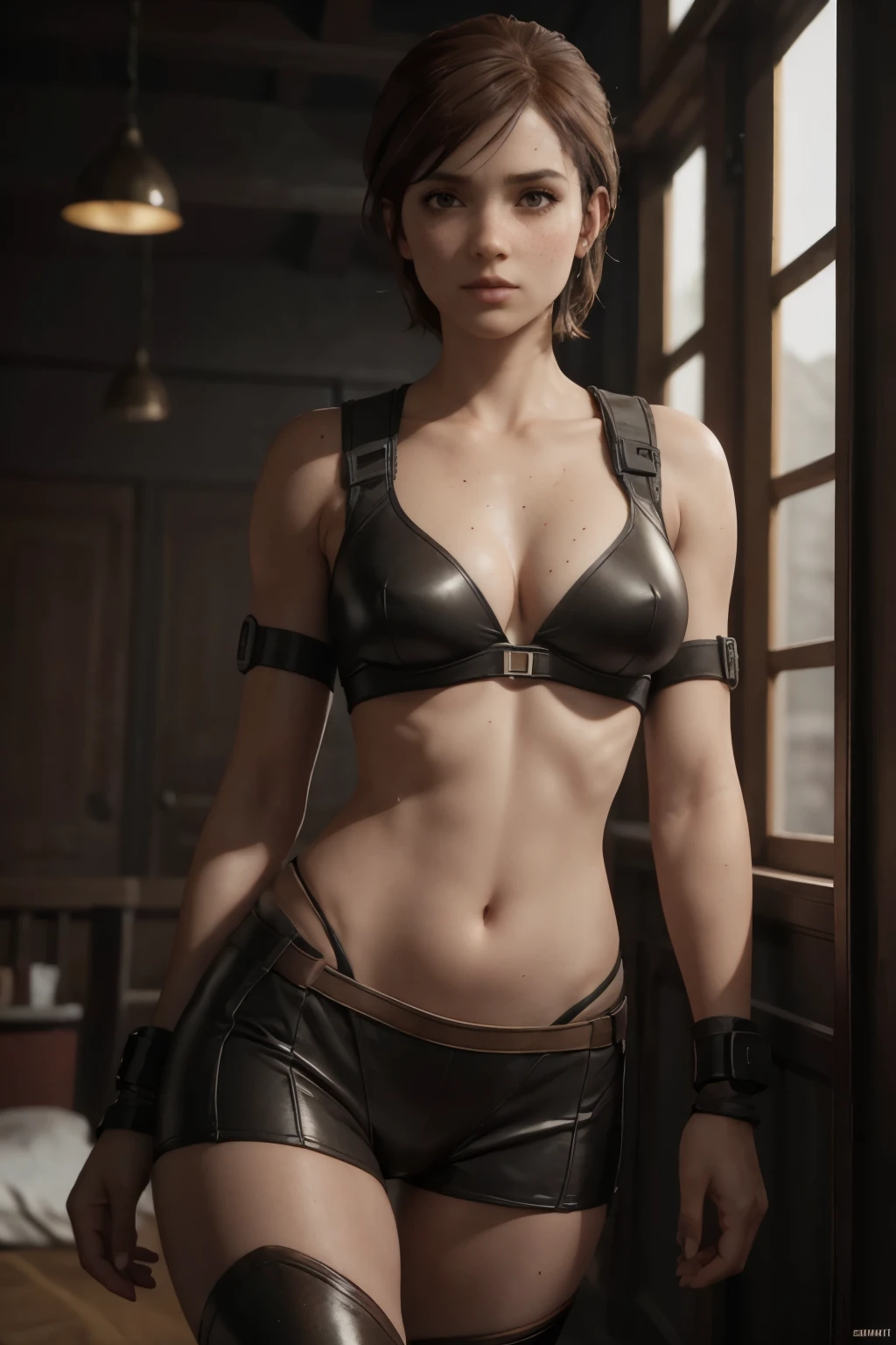 3d,armlet,athletic,athletic female,bodysuit,breasts,brown hair,cleavage,deep cleavage,female,female focus,female only,freckles,hourglass figure,makeup,navel,pinup,pinup pose,short hair,skimpy,skimpy clothes,slim waist,small breasts,standing,thigh boots,wide hips