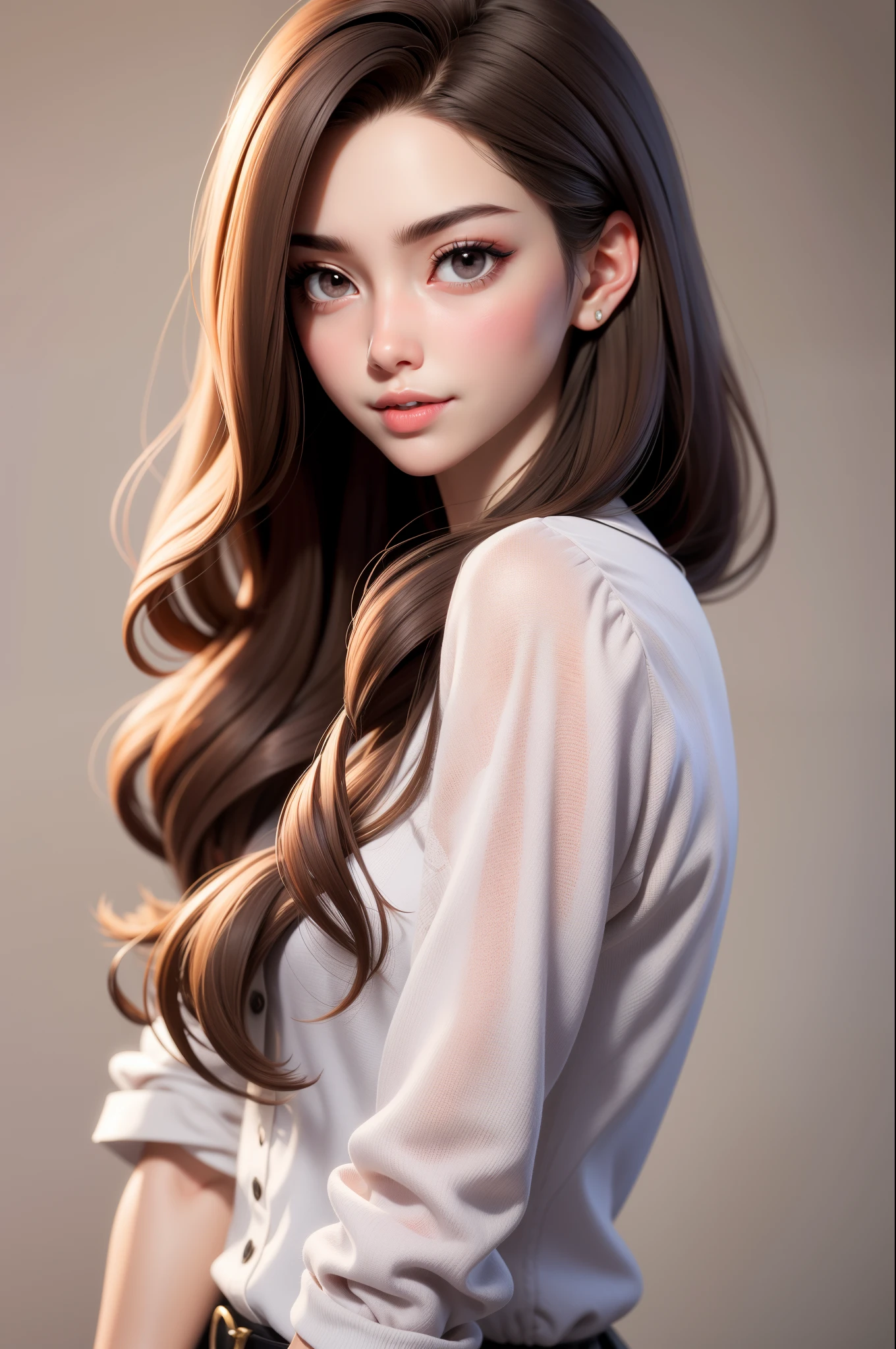 Girl, long light brown hair, gray eyes, sharp features, white skin, pink lips, formal style
