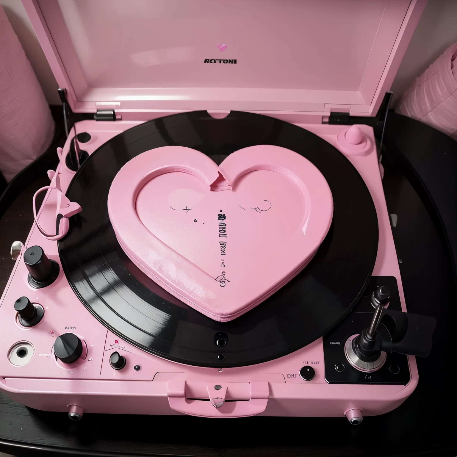 photograph of pink vinyl record with heart image ,in a black vinyl record player, realism ,minimalism