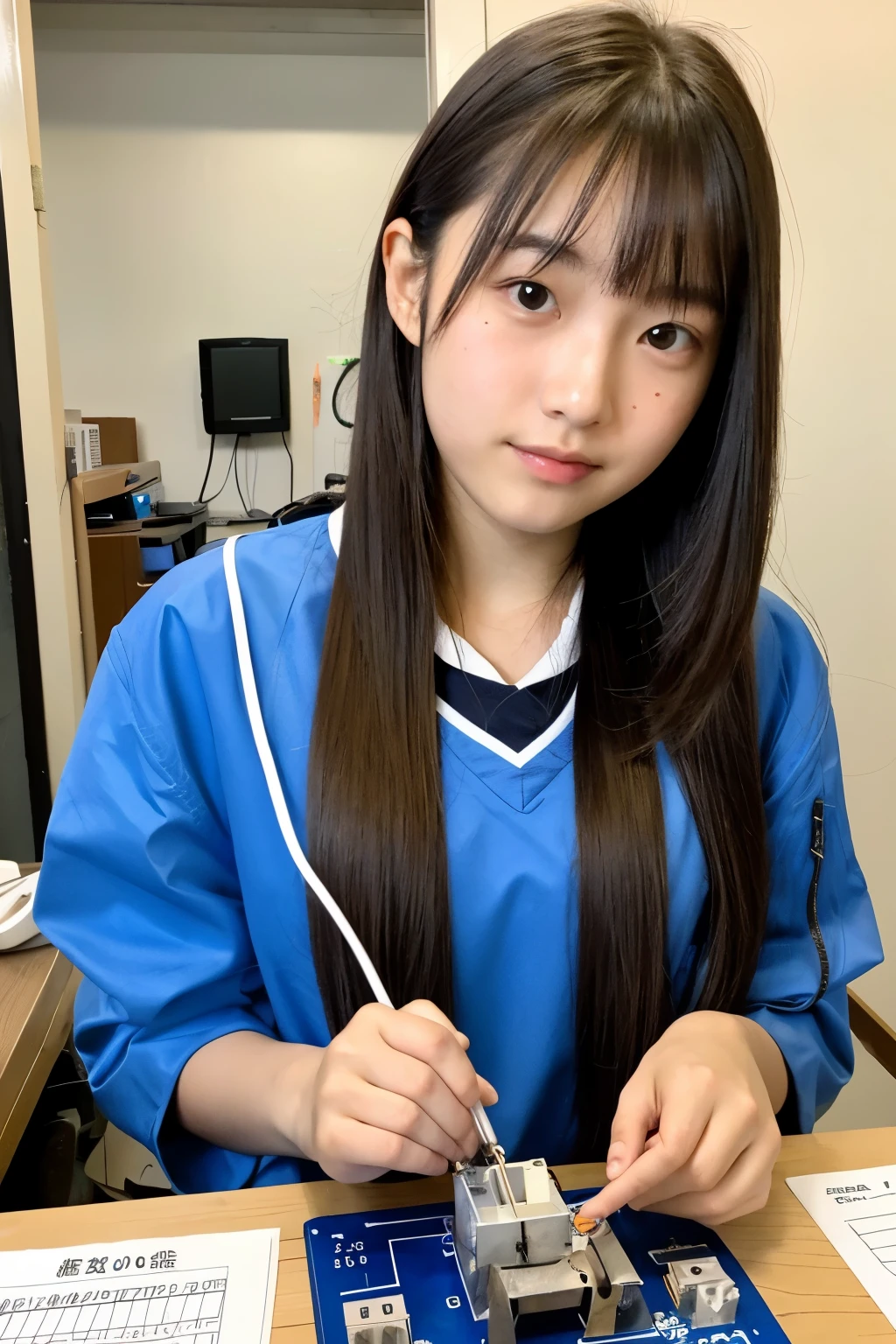 ((best quality)), ((masterpiece)), (detailed), perfect face, cute Japanese teenage woman, , 150cm tall, wearing electrical engineering clothes, hairstyle with bangs at the front and long hair at the back, soldering a PCB at the table
