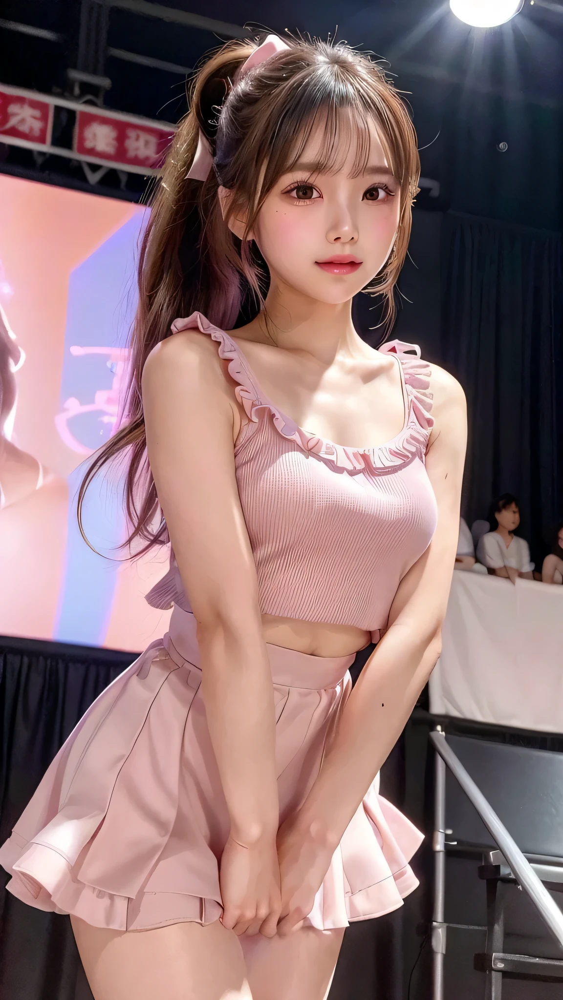 blush,small breasts,,long hair ponytail,on stage,Are standing,close up of face,((8K, Raw photo, best quality, muste piece:1.2), (Reality, photorealistic:1.4), (Highly detailed 8K wallpaper), Depth of the bounds written, cinematic lighting, soft light, detailed beauty eye,Shiny and smooth light brown ponytail, asymmetrical bangs, shiny skin, super detailed skin ,high resolution, high detail, detailed hairstyle, detailed beauty face, hyper real, perfect limbs, perfect anatomy ,1 Japanese girl,famous japanese idol, perfect female body,shy smile,short eyelashes,double-edged eyelids,look straight here,Hair style is ponytail、Pink colored long dress with lots of ruffles, softly shaped skirt, standing on stage,pink ribbon on head,She wears a long skirt with lots of frills.,Neat clothes