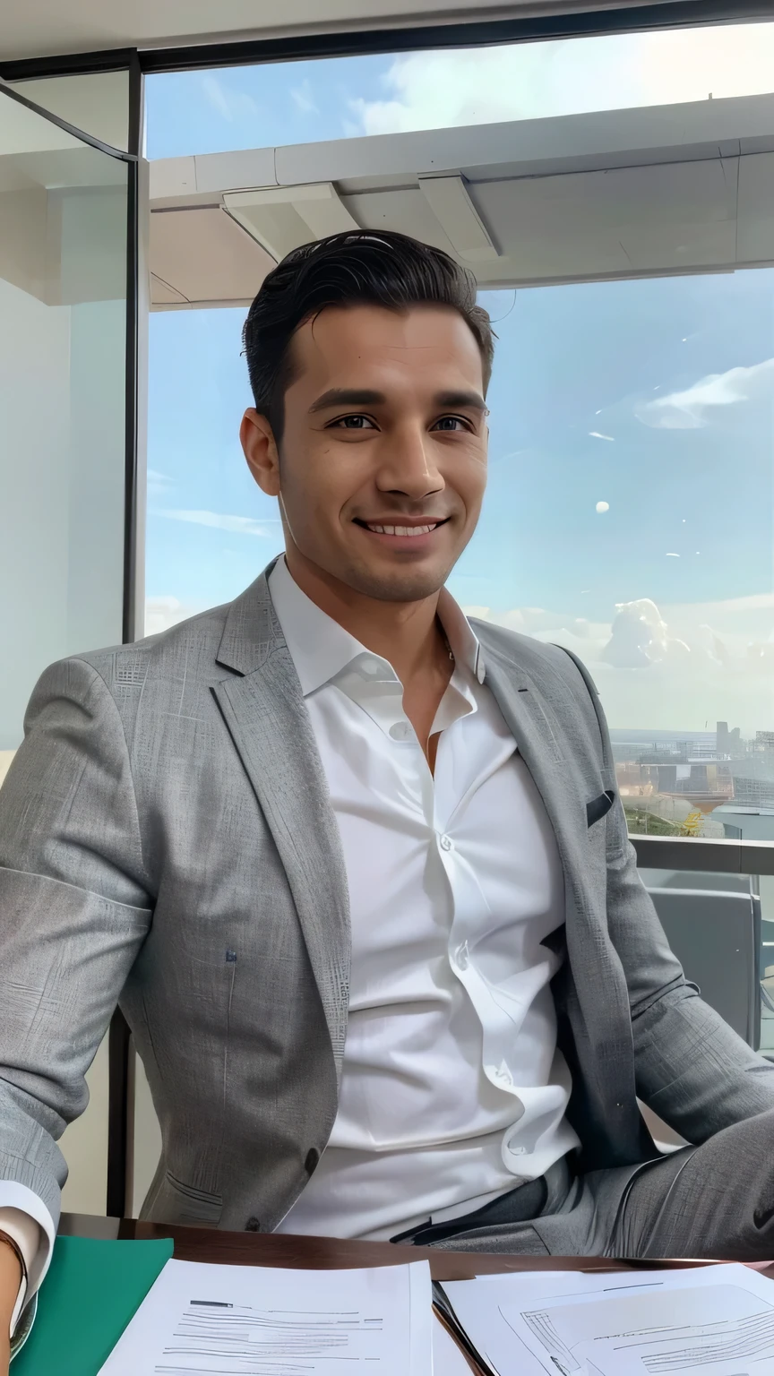 Um homem de terno formal, sentado em uma mesa luxuosa, cercado por documentos financeiros e com vista para o movimentado horizonte da cidade pela janela. He has a confident expression on his face, indicating success and determination. A atmosfera exala riqueza e prosperidade.