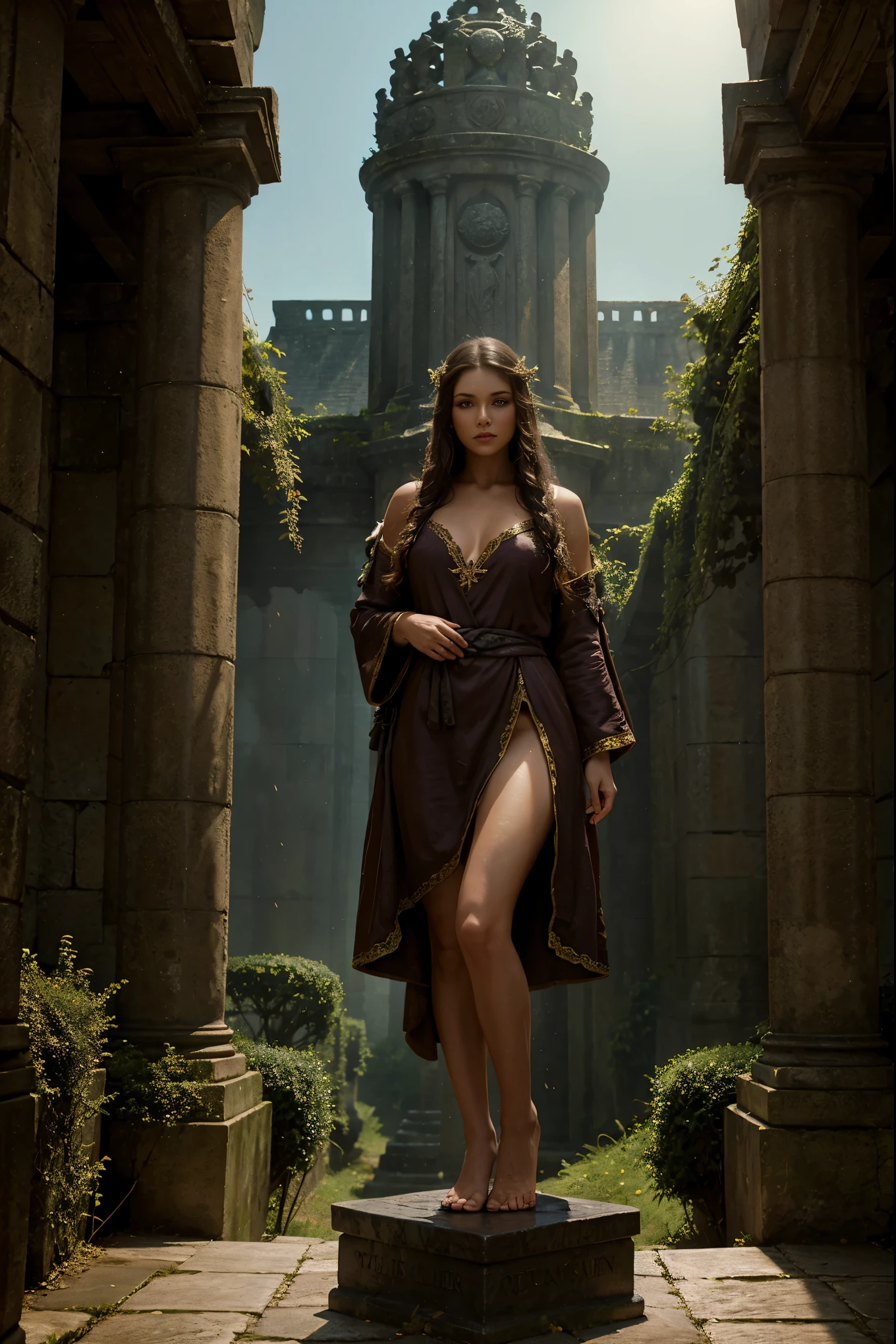 ((Medieval fantasy setting)). score_9, score_8_up, score_7_up, score_6_up, Echo, a 22-year-old half-elf. She has light brown skin, thick light chestnut hair with caramel highlights and soft waves, and brown eyes with green hues. Her face is oval with soft features and pronounced cheekbones. She has full, attractive lips with a natural blush. A slight scar over her right eyebrow. Her ears are small like a human's but pointed like an elf's. Her physique is athletic, toned, slim, and flexible, with rounded, firm curves. ((Eho completely naked)).
Pose: ((naked Echo standing)), (holding a purple dress in her hands). Her hands lift the dress, putting it over her head. Her body is slightly bent forward.
Camera: Side view, at an angle, to show her movements and details of the fitting.
Background: The Fashion boutique with bright clothes and fabrics hanging on the walls and mannequins.
Tags: naked body, side view, Tailor's  Fashion boutique, dress in hand