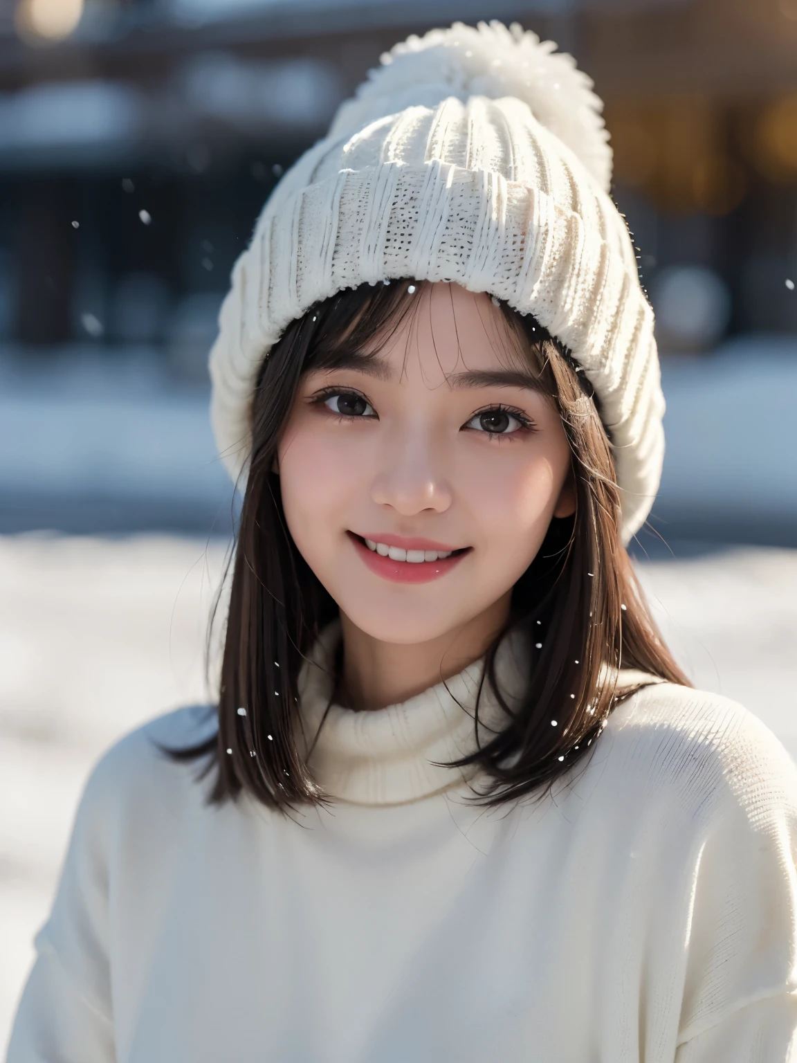 (highest quality,masterpiece:1.3,ultra high resolution),(Super detailed,caustics),(realistic:1.4,RAW shooting),1 girl,flat bangs、look at the camera with a smile、Blurred background、(black, warm clothes)、(white、knit、hat)、Christmas、it's snowing、snow mountain