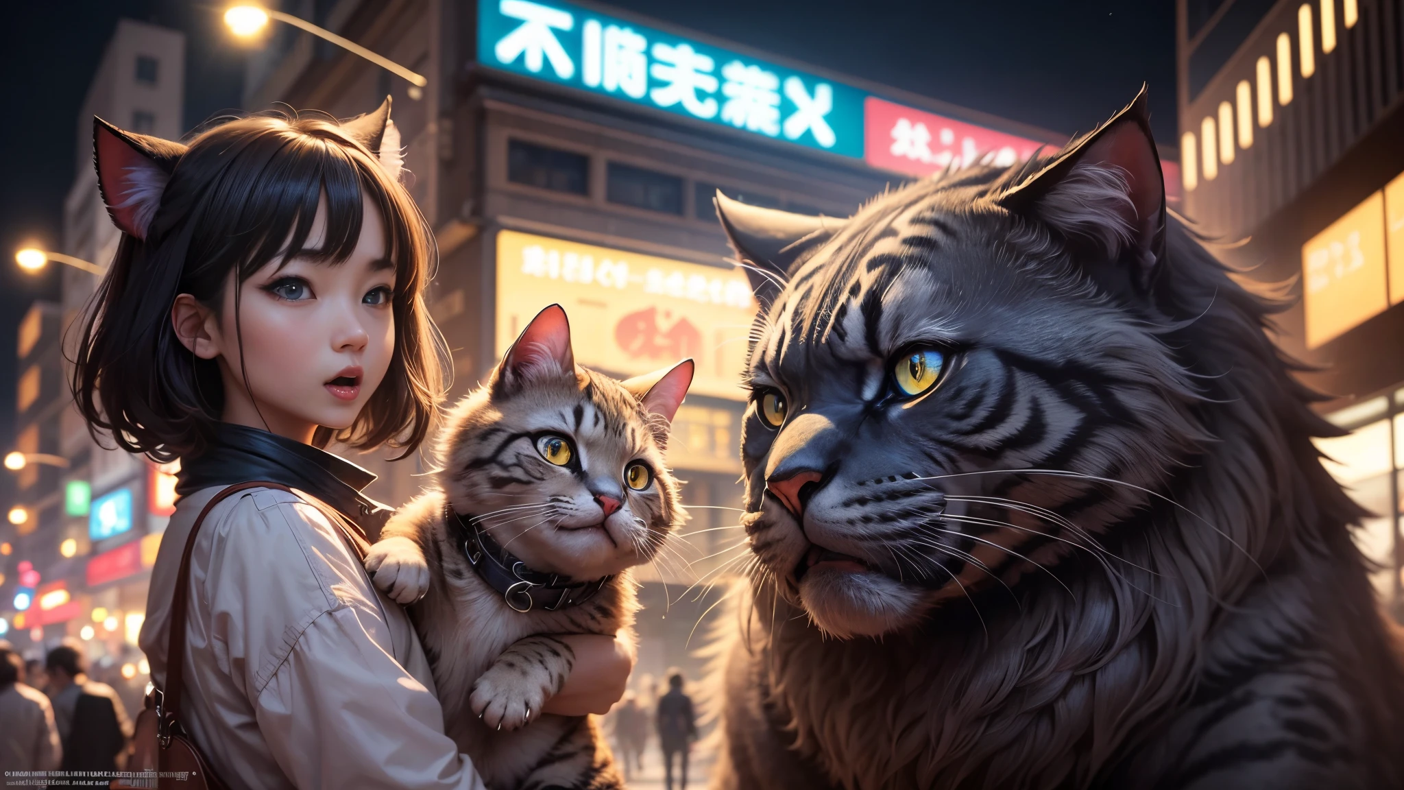 超A high resolution、An ultra-high picture quality、8K、Wonderful expression with attention to detail、big monster cat、surprise people on the street at night、