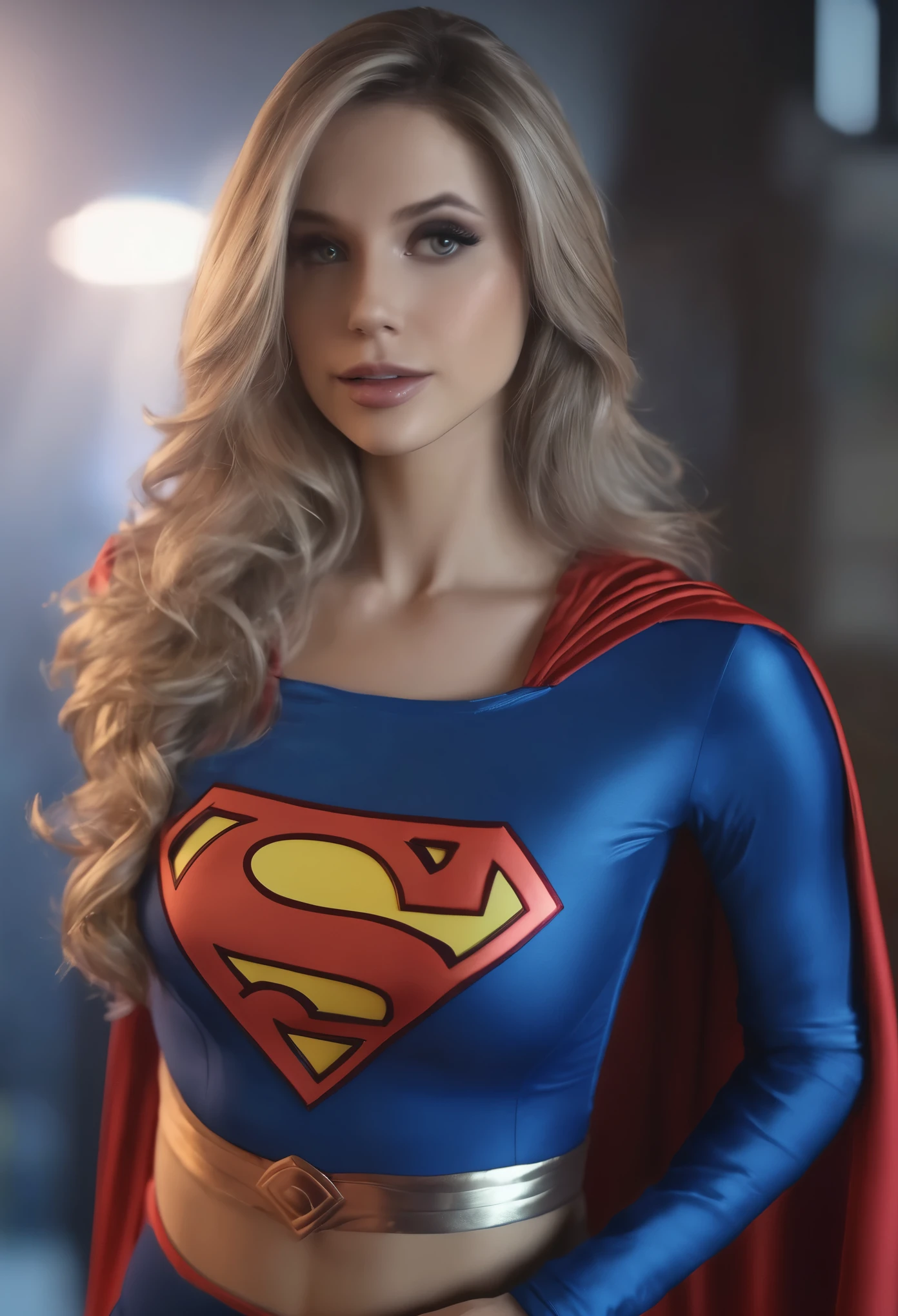 A beautiful sexy woman wearing a Supergirl cosplay outfit, detailed realistic 4k highres masterpiece:1.2, UHD