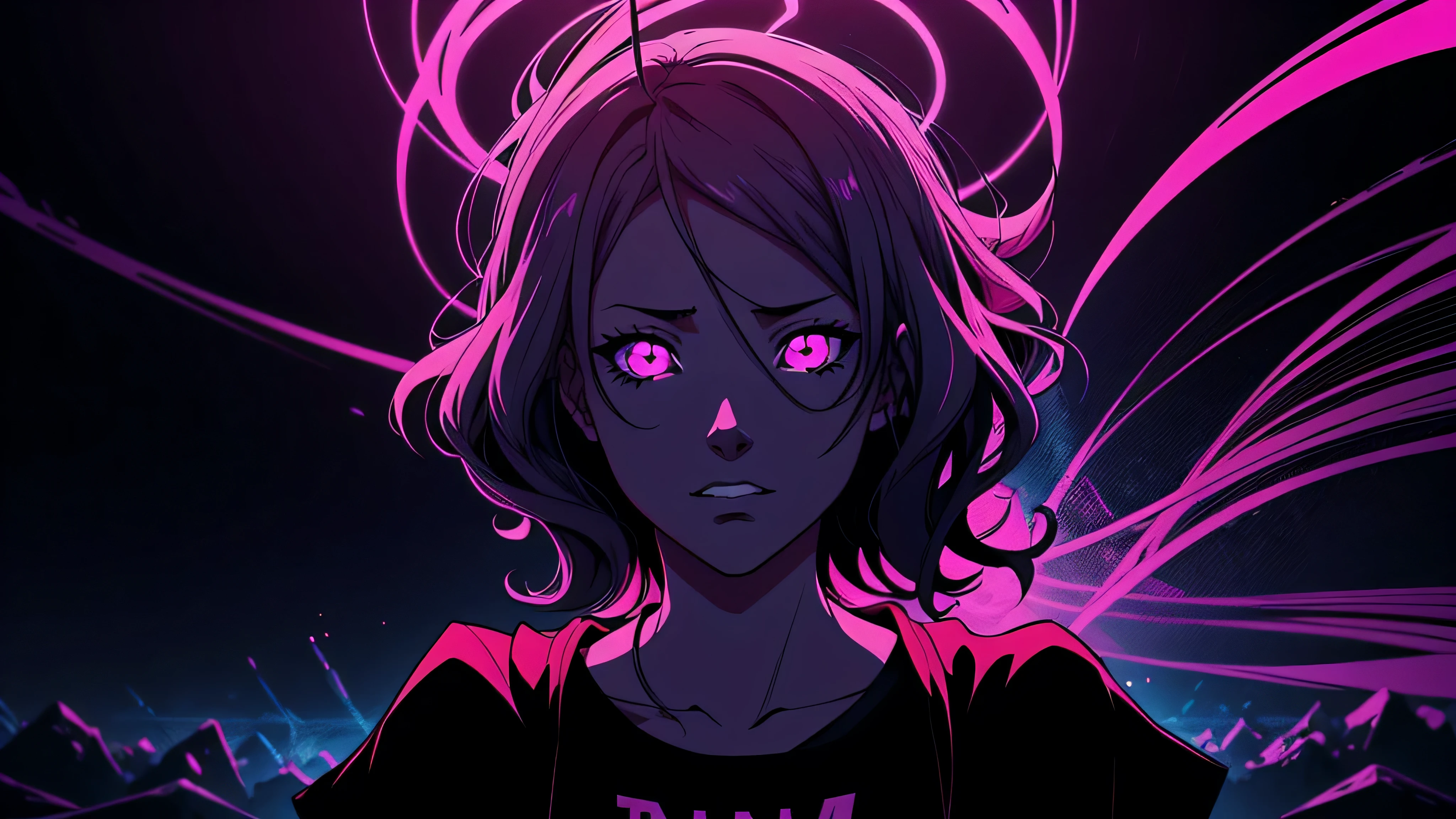 detailed background, masterpiece, best quality, smile, himemori luna, heterochromia, pink hair hoodie, portrait, neon, graffiti, dark, night, glowing eyes, blacklight