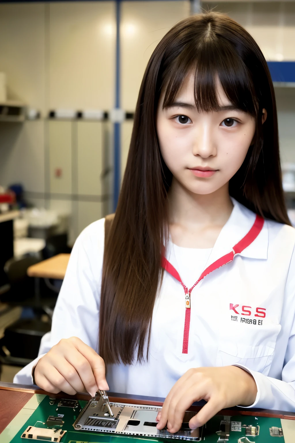 ((best quality)), ((masterpiece)), (detailed), perfect face, cute Japanese teenage woman, 17 years old, 150cm tall, wearing electrical engineering clothes, hairstyle with bangs at the front and long hair at the back, soldering a PCB at the table