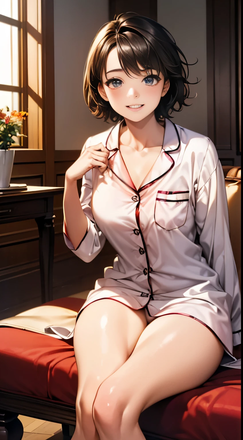 ((perfect anatomy, anatomically correct, super dense skin)), 1 girl, Japanese, , (Fine-grained super oily shiny skin:1.1), Take in the scenery, adorable smile,
beautiful hair, beautiful face, detailed and beautiful eyes, (short hair:1.2, messy hair:1.2), parted bangs, baby face,
beautiful clavicle, beautiful body, beautiful breasts, (big breasts:0.8), beautiful thighs, beautiful feet,
((pajamas)),
(beautiful scenery), living room, table, cushion to sit on,
(8K, highest quality, masterpiece:1.2, very detailed), (realistic), beautiful art, visual art, Depth of the bounds written, cinematic lighting, ,