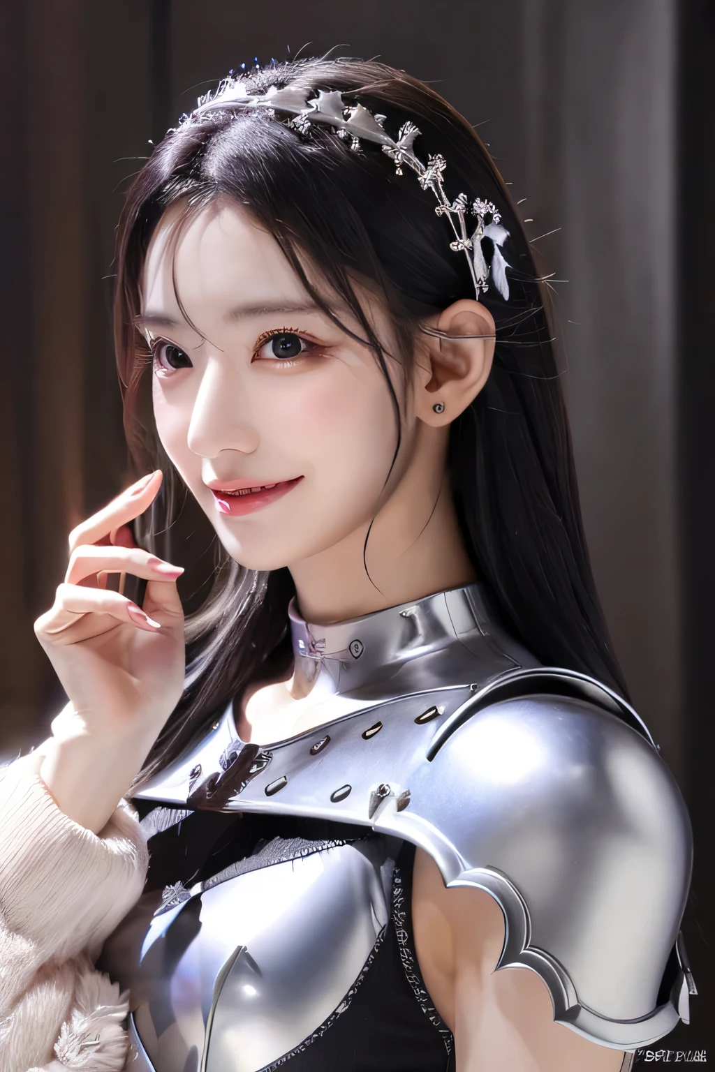 highest resolution, 4k, masterpiece: 1.3), japanese mature, women pictures, sexy, fine eyes, slender body shape, realistic teeth, double eyelid, full body, highest quality, get used to it, equipped with armor, in a fantasy world, The background is a castle、black hair、smile、beautiful teeth、hairstyle shortcut、heavy equipment、Luxurious Silver Armor、holding a weapon、ear piercing