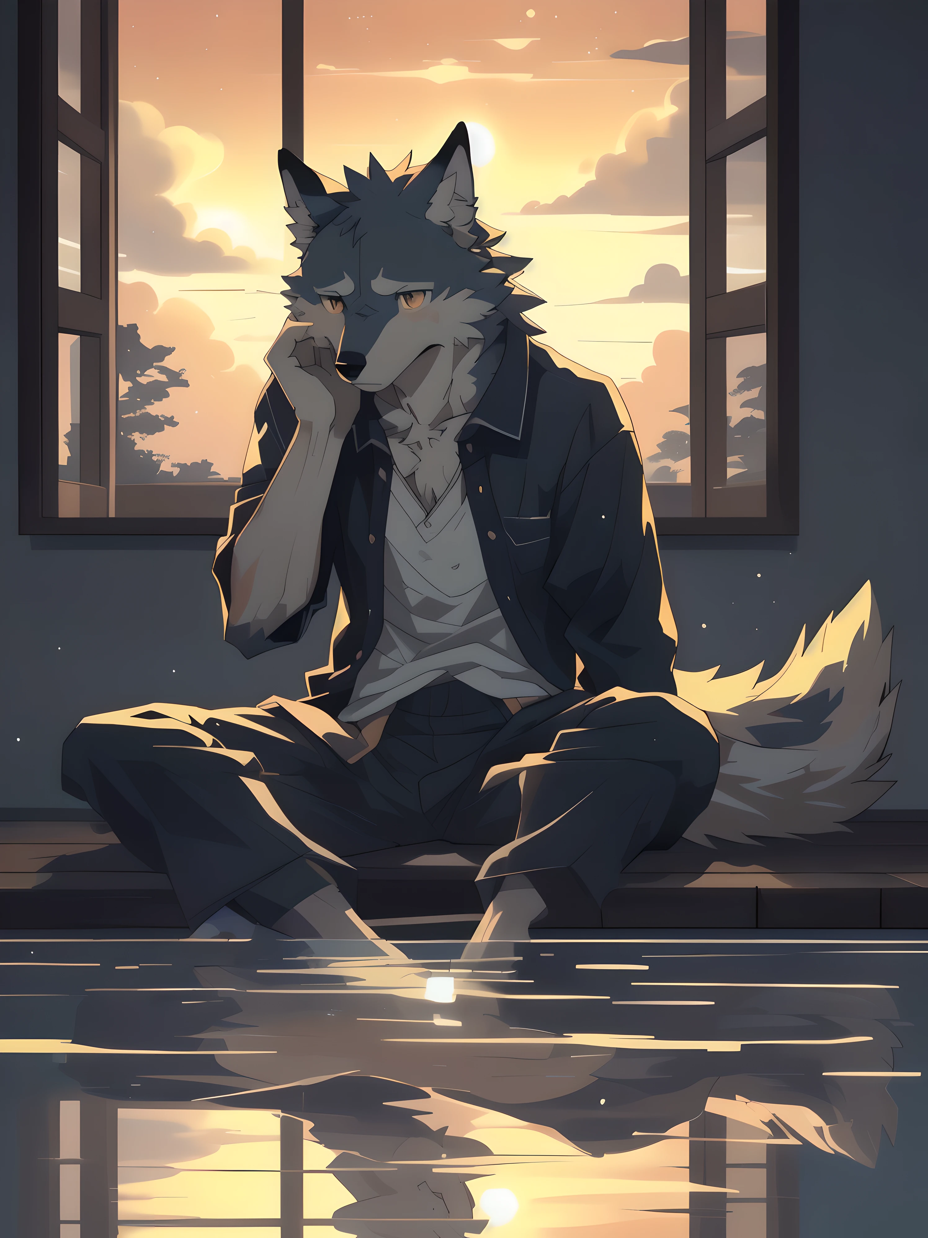 masterpiece, best quality, perfect anatomy, Bright Eyes, big watery eyes, Kanno, hairy, Wolf, (trigger:0.25), male, alone, loose clothes, (sad:0.5), Moderate, looking at the audience, indoor (dusk:0.9), golden sky, partly cloudy, (FOG:0.4), delicate eyes,sitting，Lovely,dim light